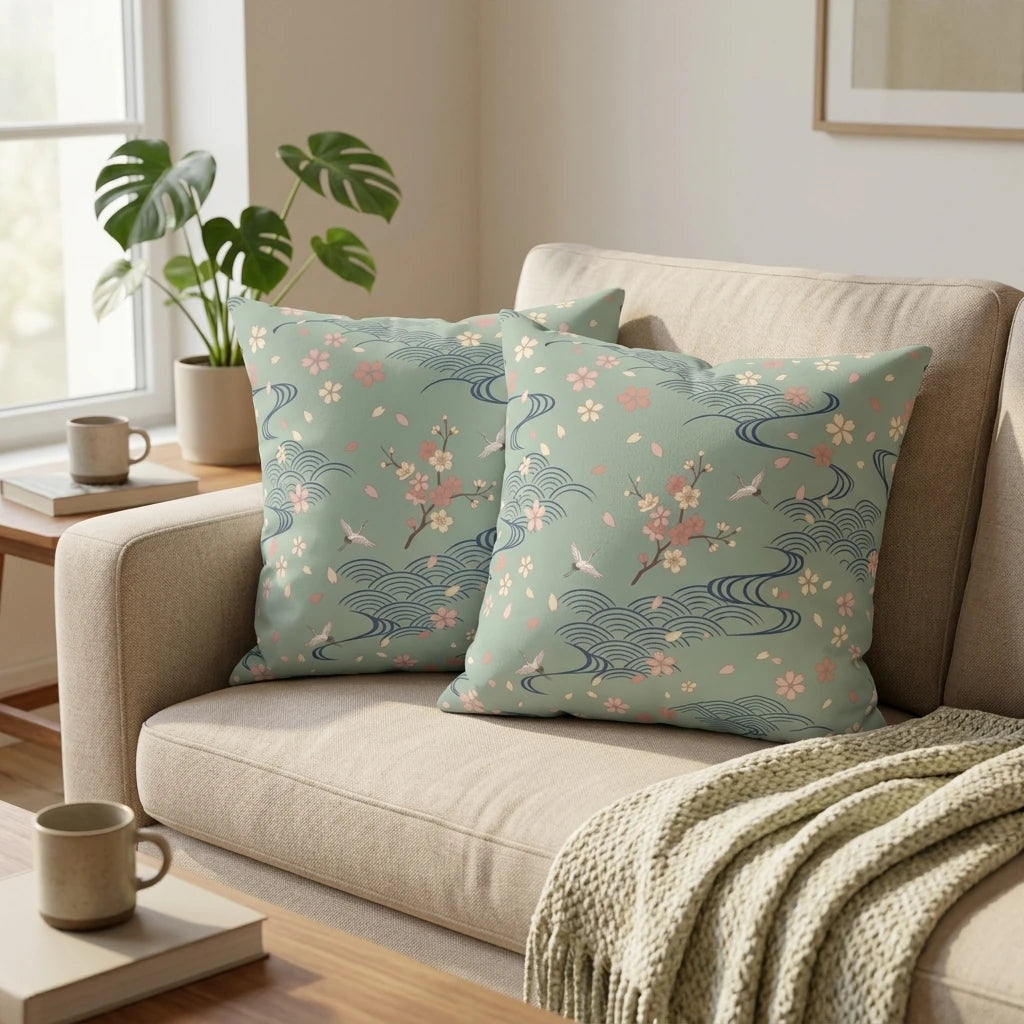 Two sage green cushions with Japanese cherry blossom and crane patterns on a beige sofa in a bright, modern living room setting.