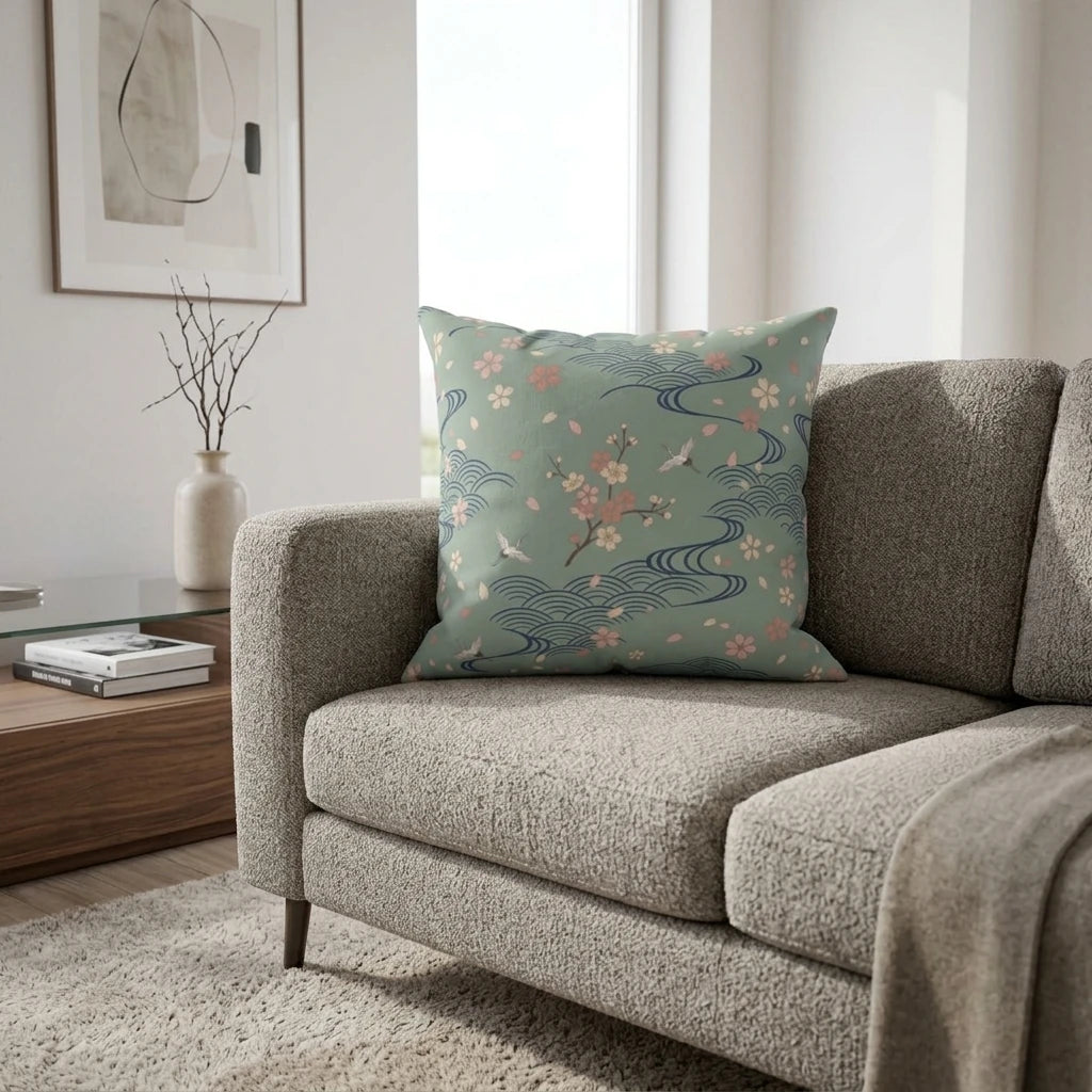 Square sage green pillow featuring Japanese waves and sakura blossoms on a textured gray sofa in a bright, modern living room setting.