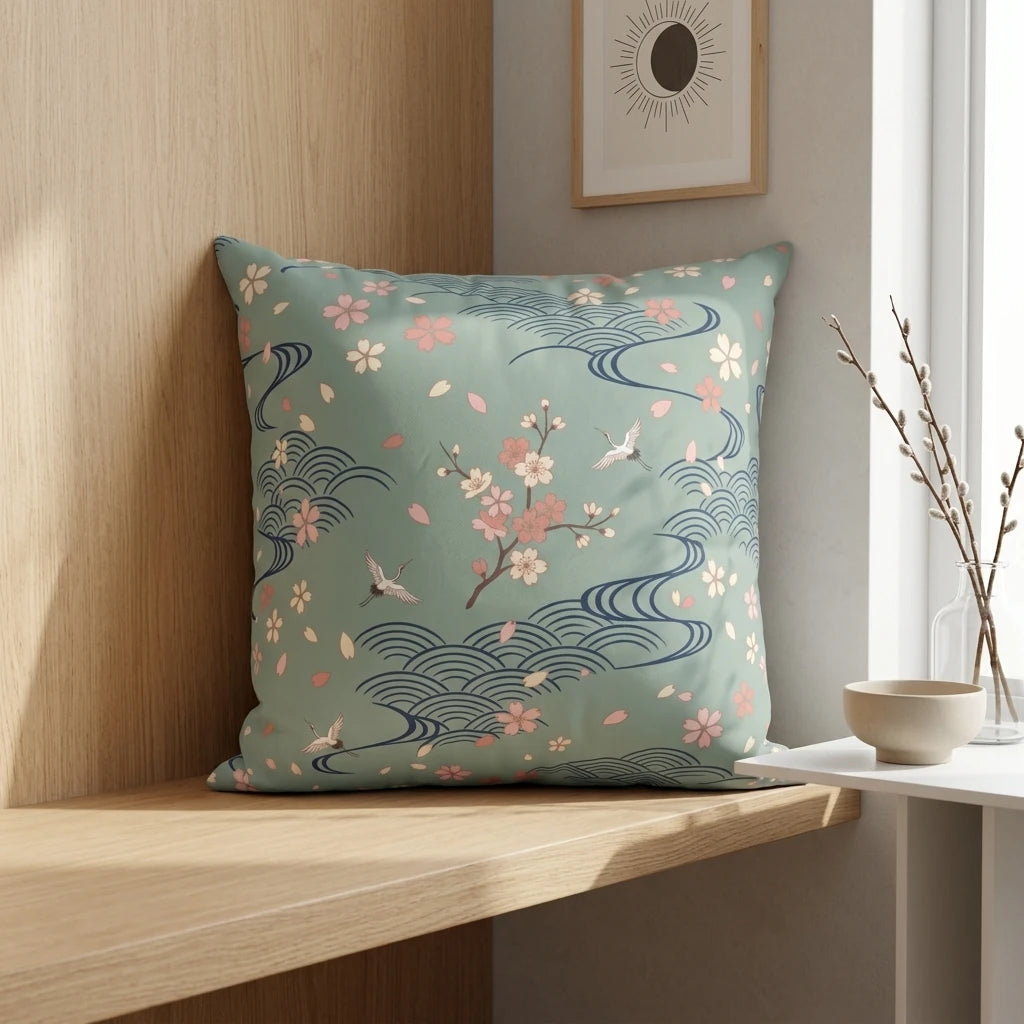 Sage green decorative pillow with pink cherry blossoms and crane patterns on a light wood shelf in a minimalist interior.