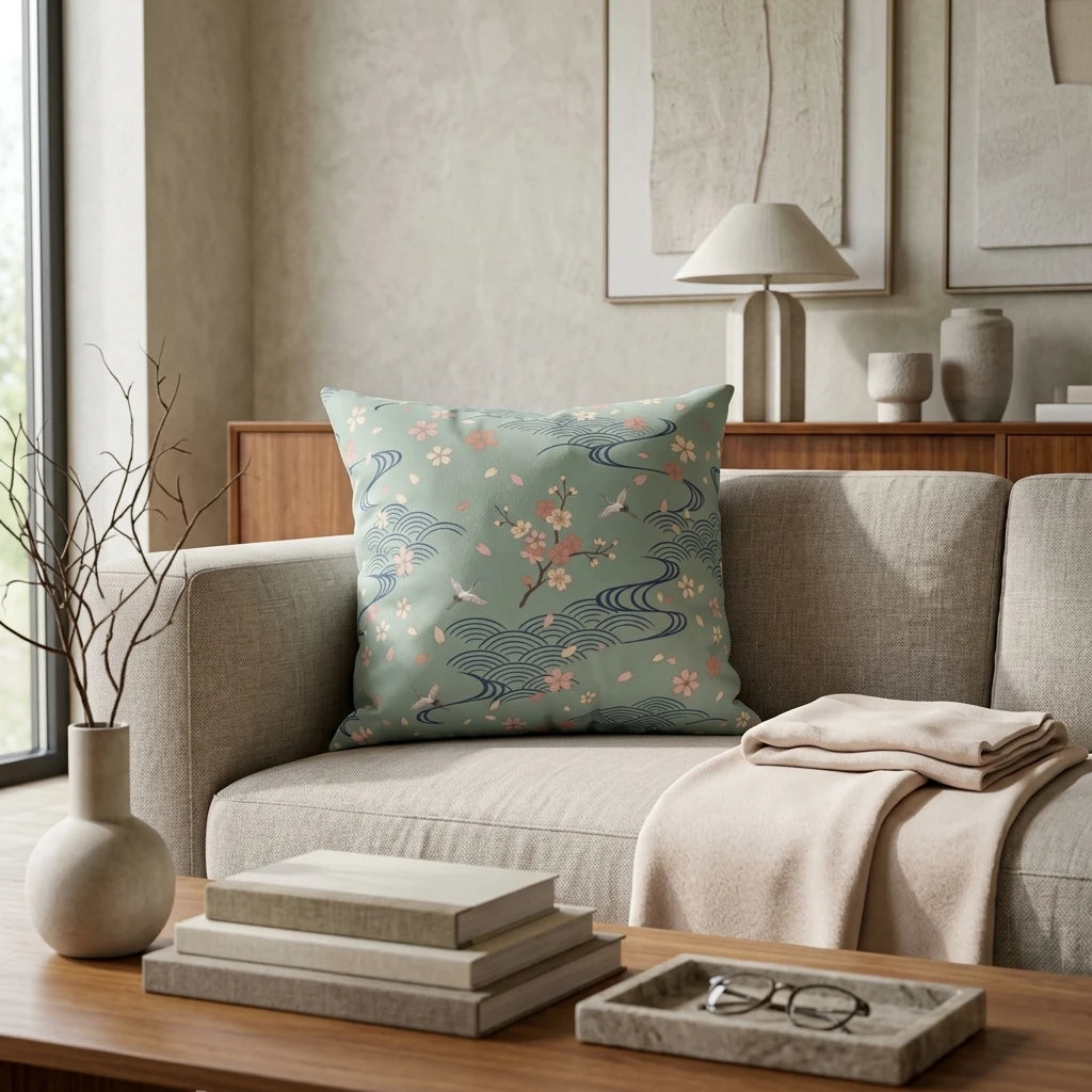 Sage green Japanese floral cushion with cherry blossoms and waves on a modern beige sofa in a minimalist living room with a wooden coffee table.