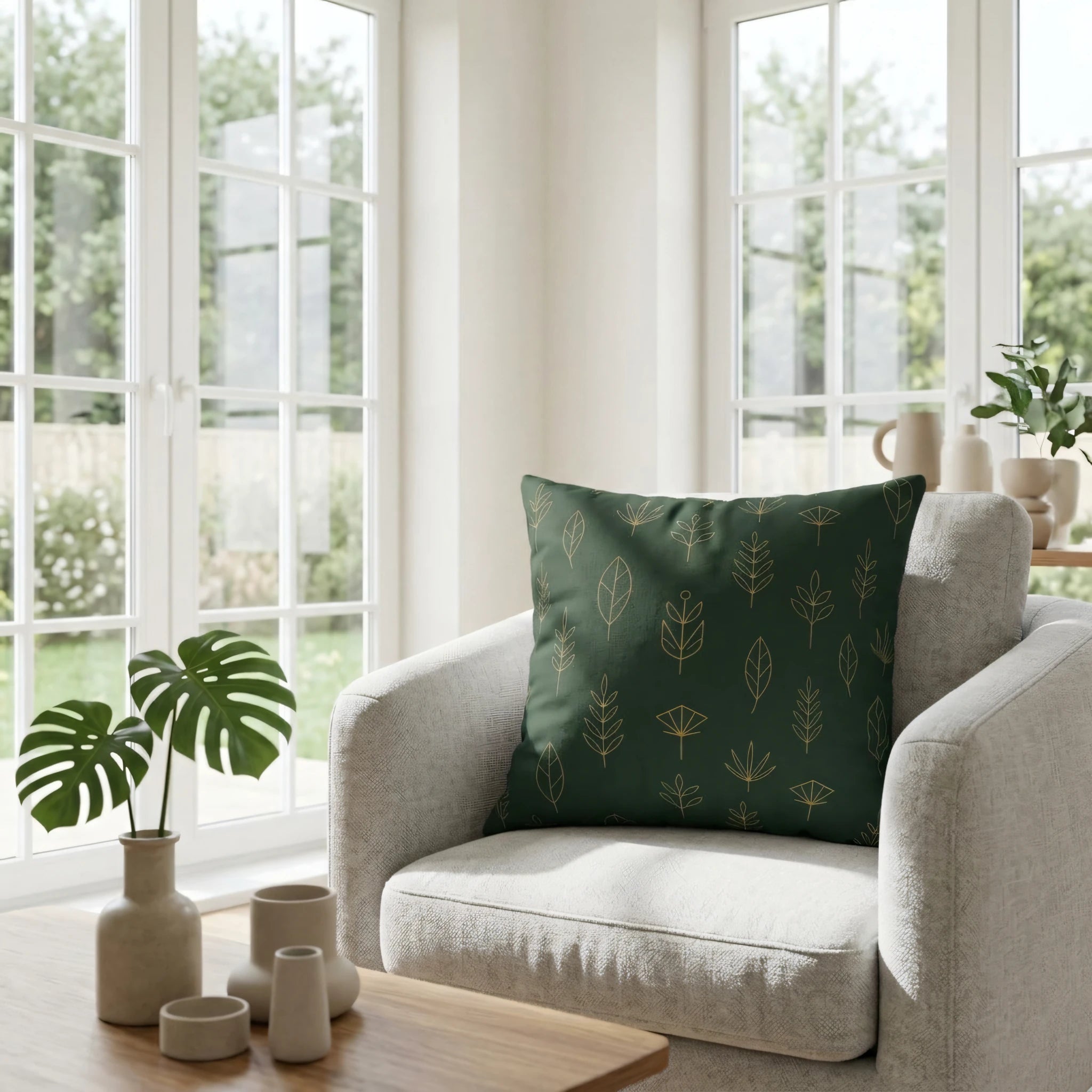 Dark green decorative throw pillow with gold leaf pattern on a light gray armchair in a bright, sunlit room with large windows and plants.