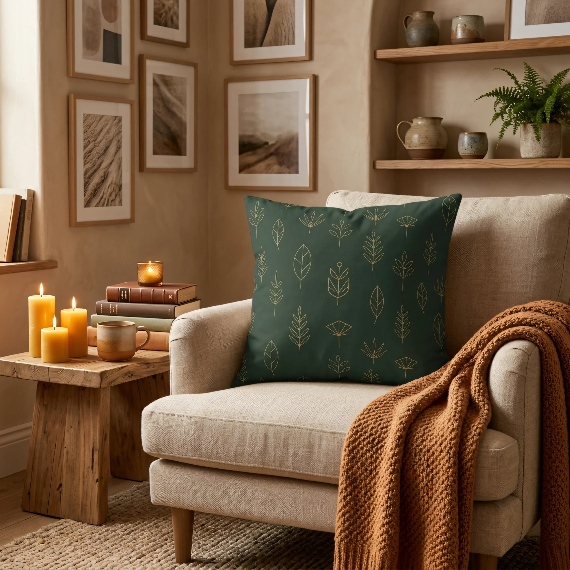 Dark green throw pillow with gold botanical leaf patterns on a beige armchair in a cozy living room setting with candles and books.