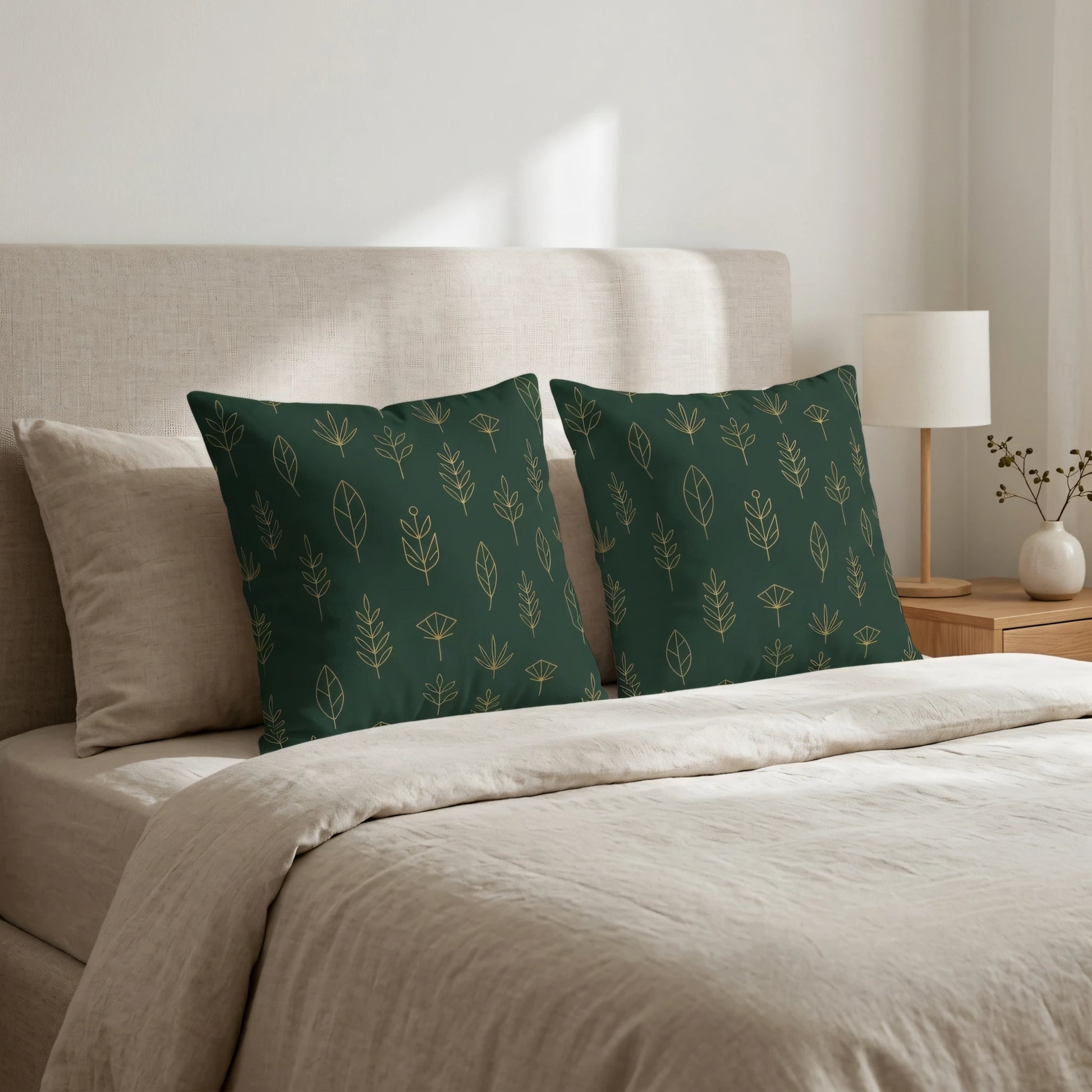 Pair of dark green cushions with gold botanical leaf patterns on a beige linen bed in a minimalist bedroom lifestyle setting.
