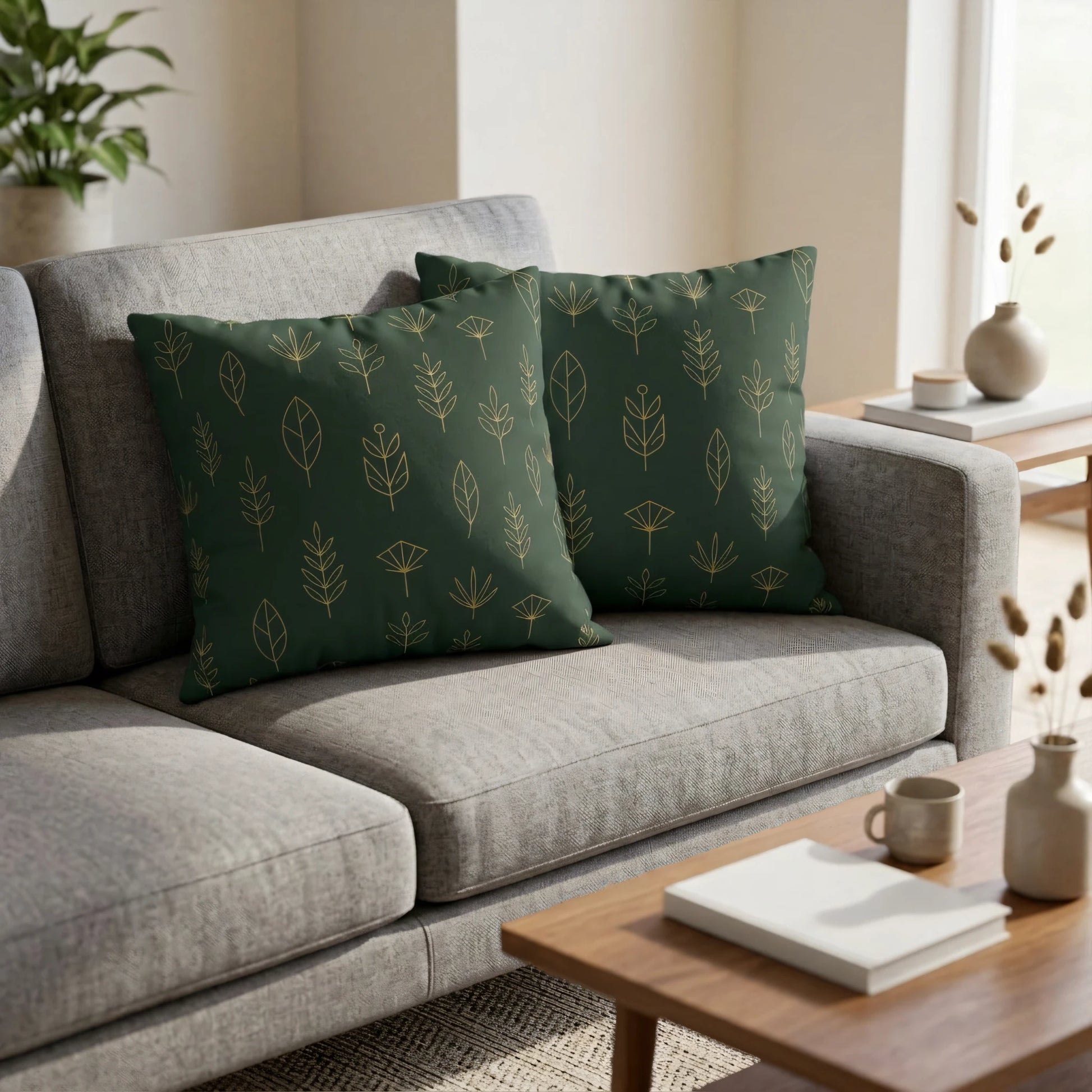 Two dark green cushions featuring gold minimalist botanical patterns on a gray sofa in a cozy lifestyle living room setting.