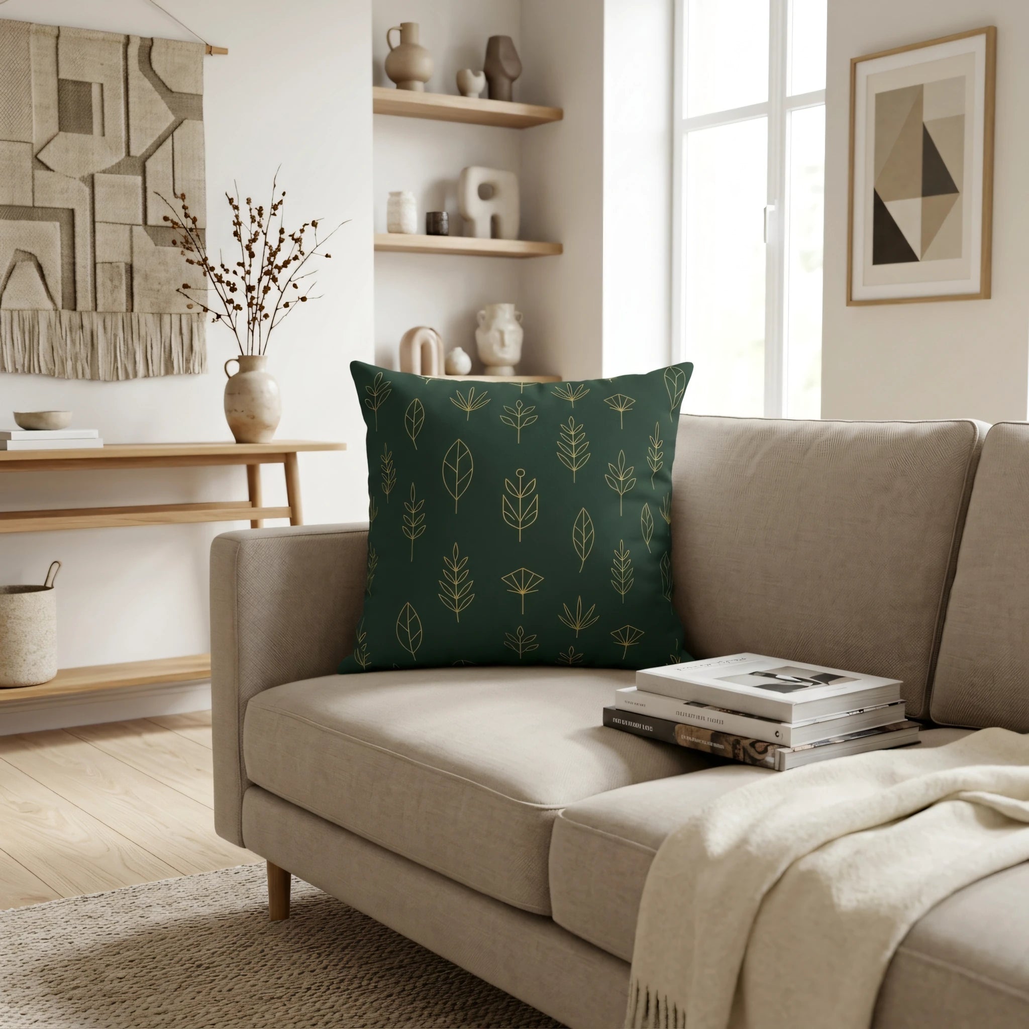 Dark green pillow with gold leaf patterns on a beige sofa in a modern living room setting with minimalist neutral decor.
