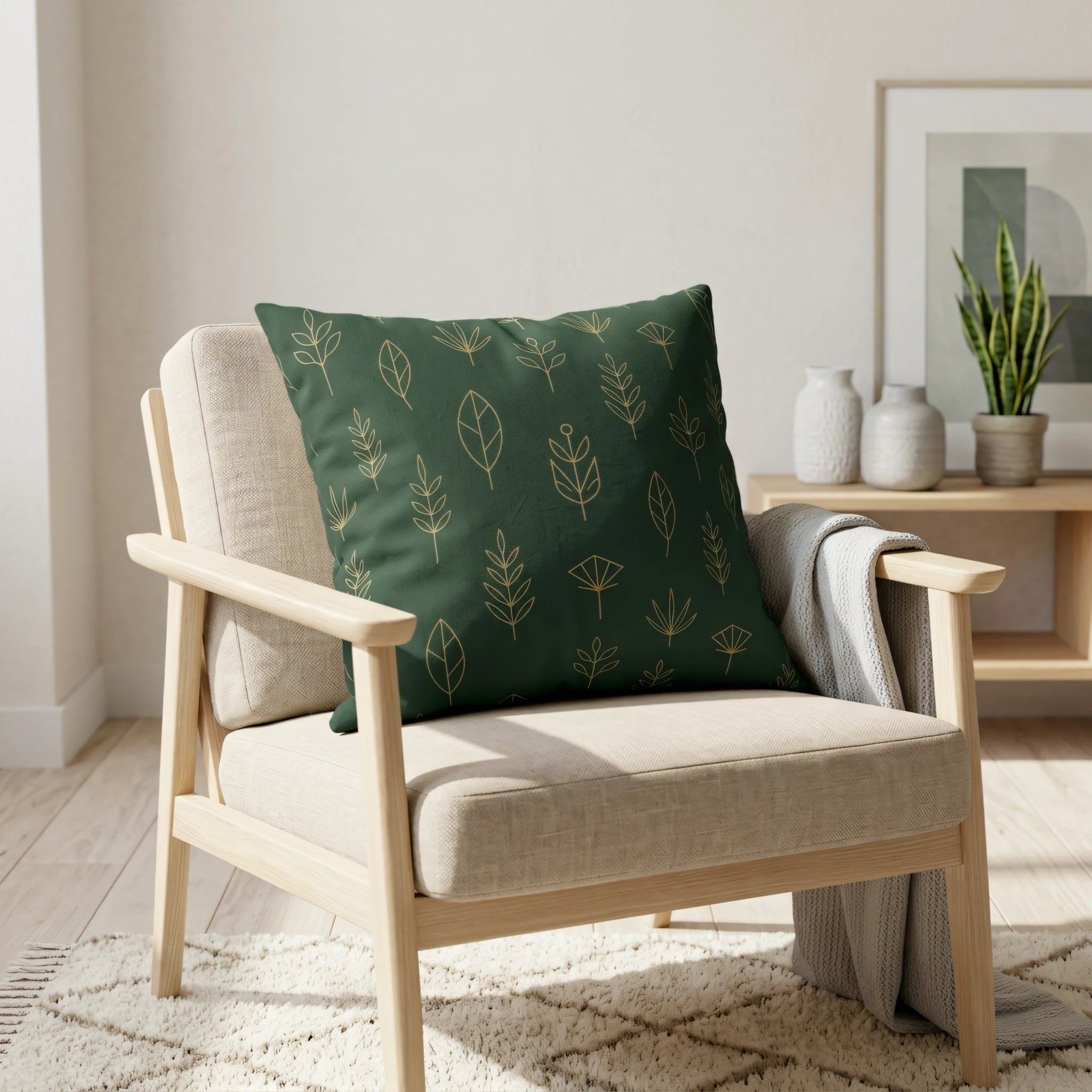 Minimalist dark green cushion with gold botanical leaf patterns on a beige wood armchair in a bright, modern interior setting.