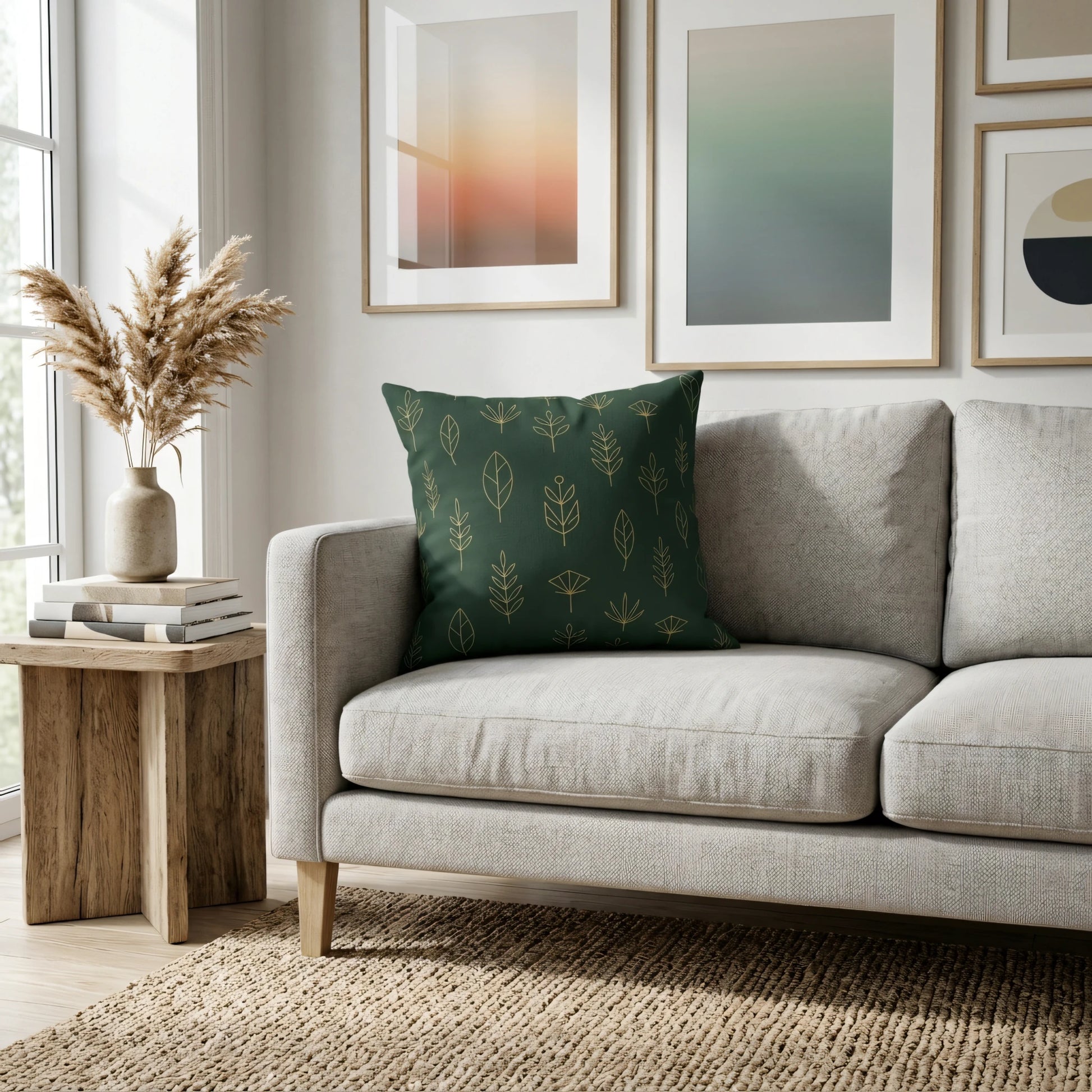 Dark green cushion with gold leaf patterns on a light grey sofa in a modern living room with abstract wall art and a wooden side table.