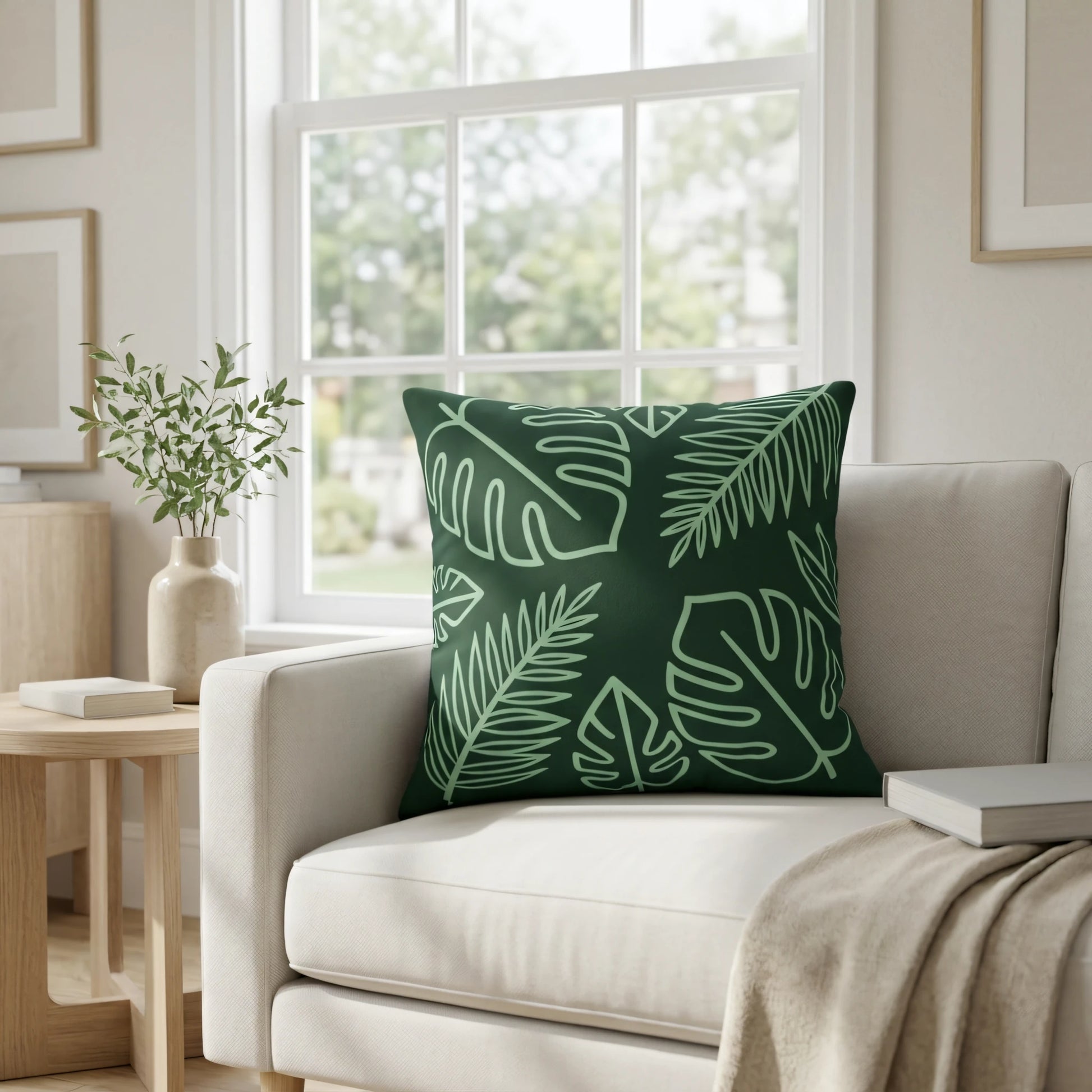 Dark green tropical leaf print pillow on a beige sofa in a bright, sunlit living room featuring light green Monstera and palm leaf line art.