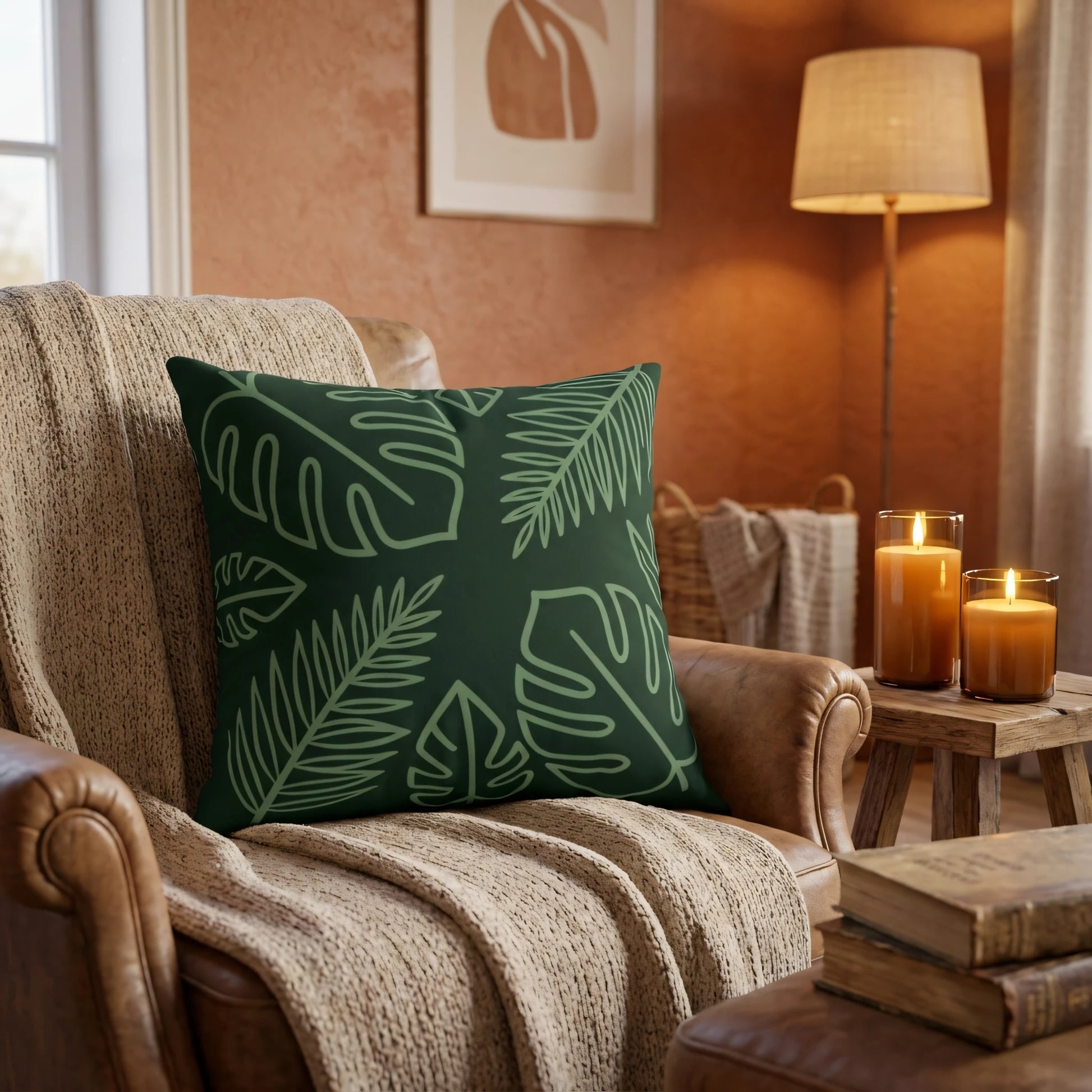 Dark green cushion featuring light green monstera and palm leaf line art on a leather armchair in a cozy, warm living room with candles.