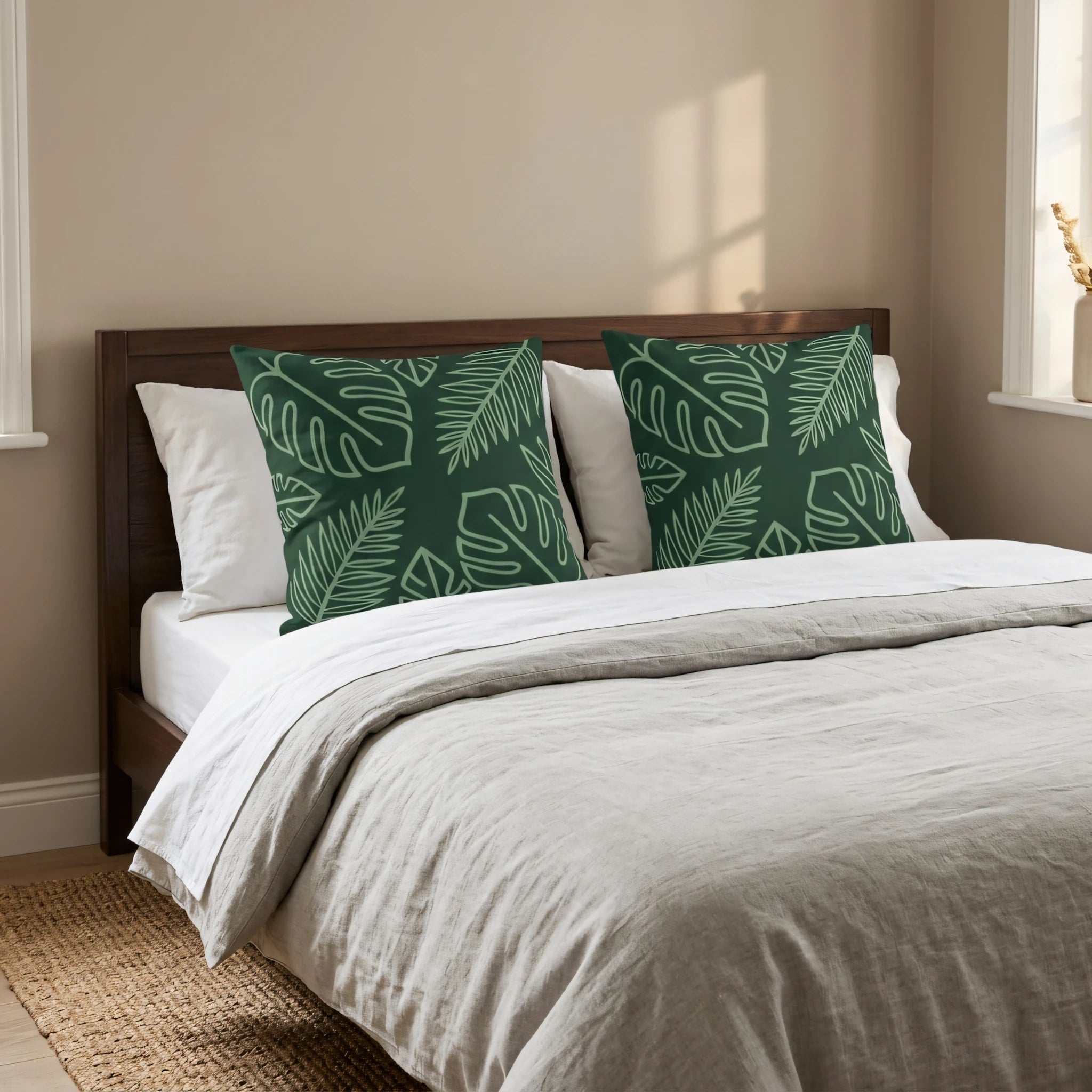 Green leaf pattern pillows on a bed with white pillows and a grey duvet in a sunlit bedroom decor lifestyle scene.