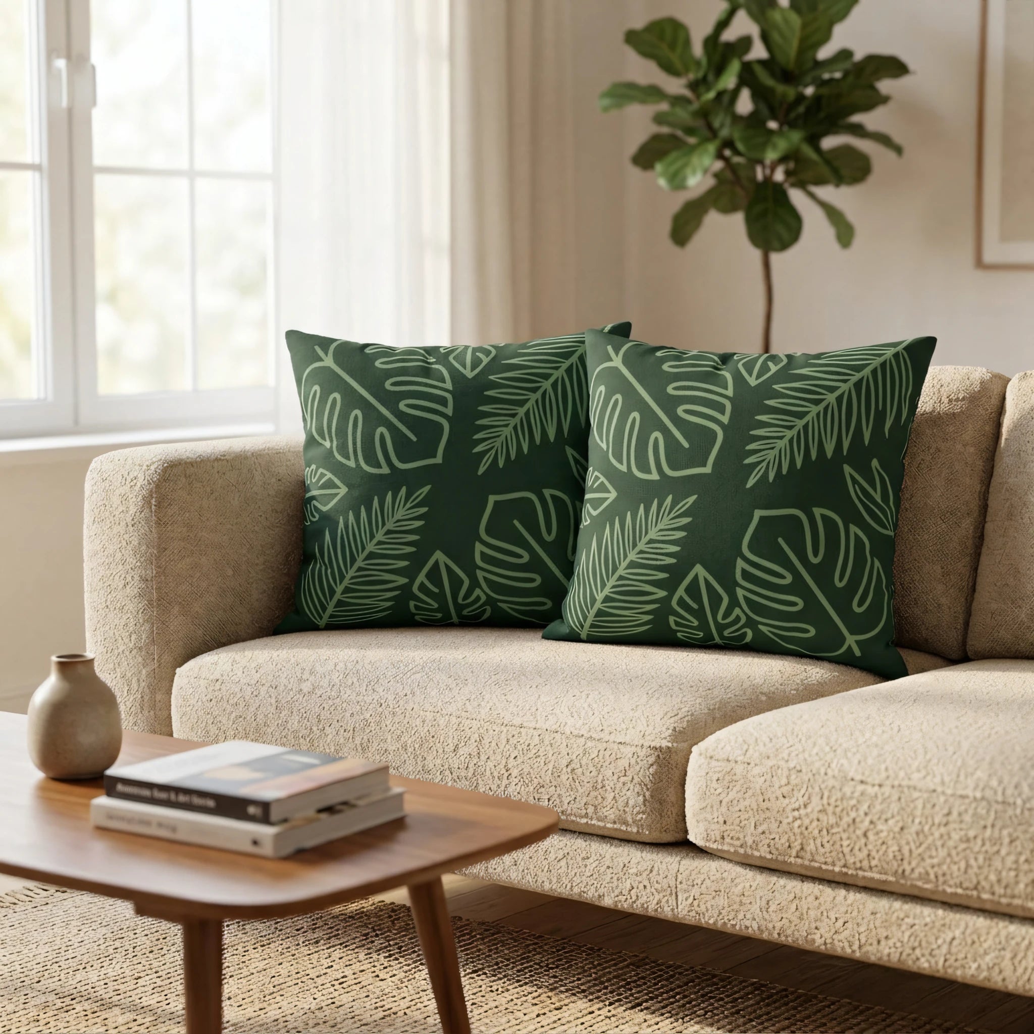 Pair of green botanical pillows with Monstera leaf patterns on a neutral beige sofa in a bright, modern living room lifestyle setting.