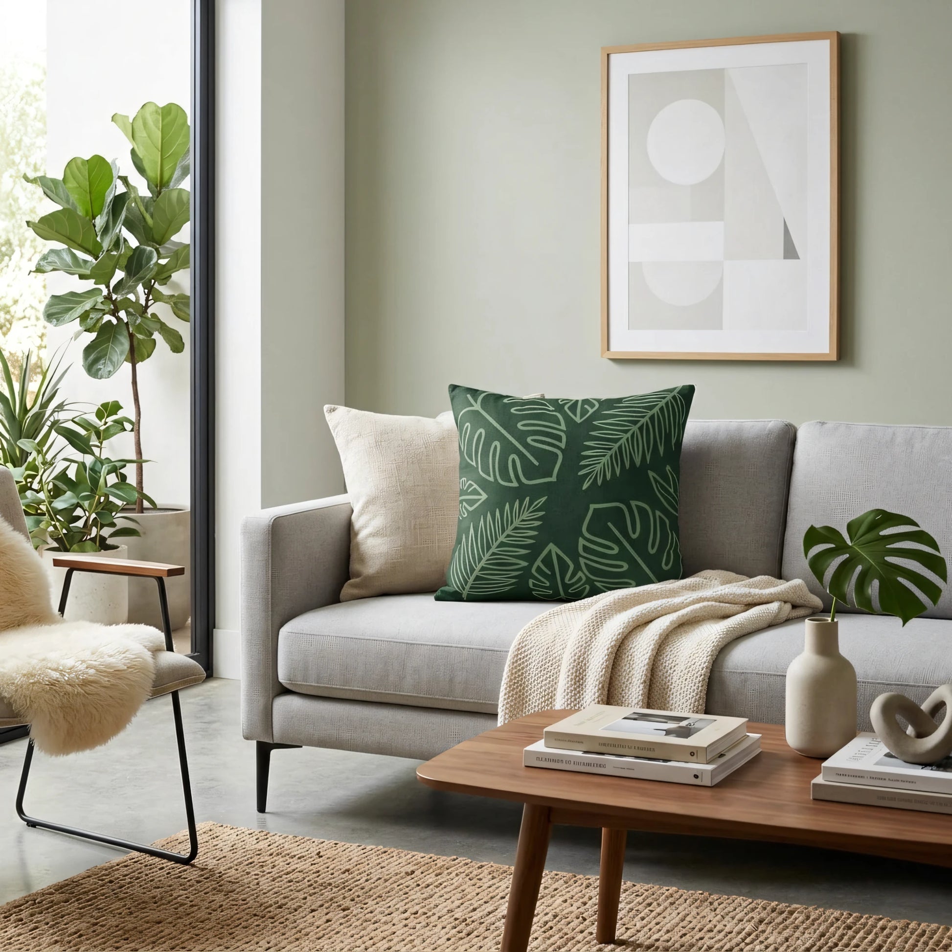 Modern green tropical leaf pattern cushion on a grey sofa in a bright living room setting with botanical decor and a wooden coffee table.