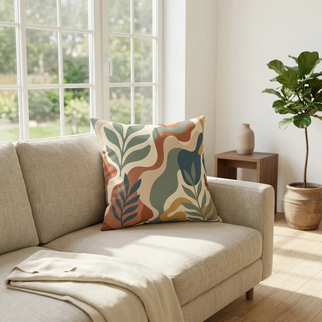 Decorative throw pillow featuring abstract botanical leaf patterns in terracotta and sage on a cream sofa in a bright, modern living room.