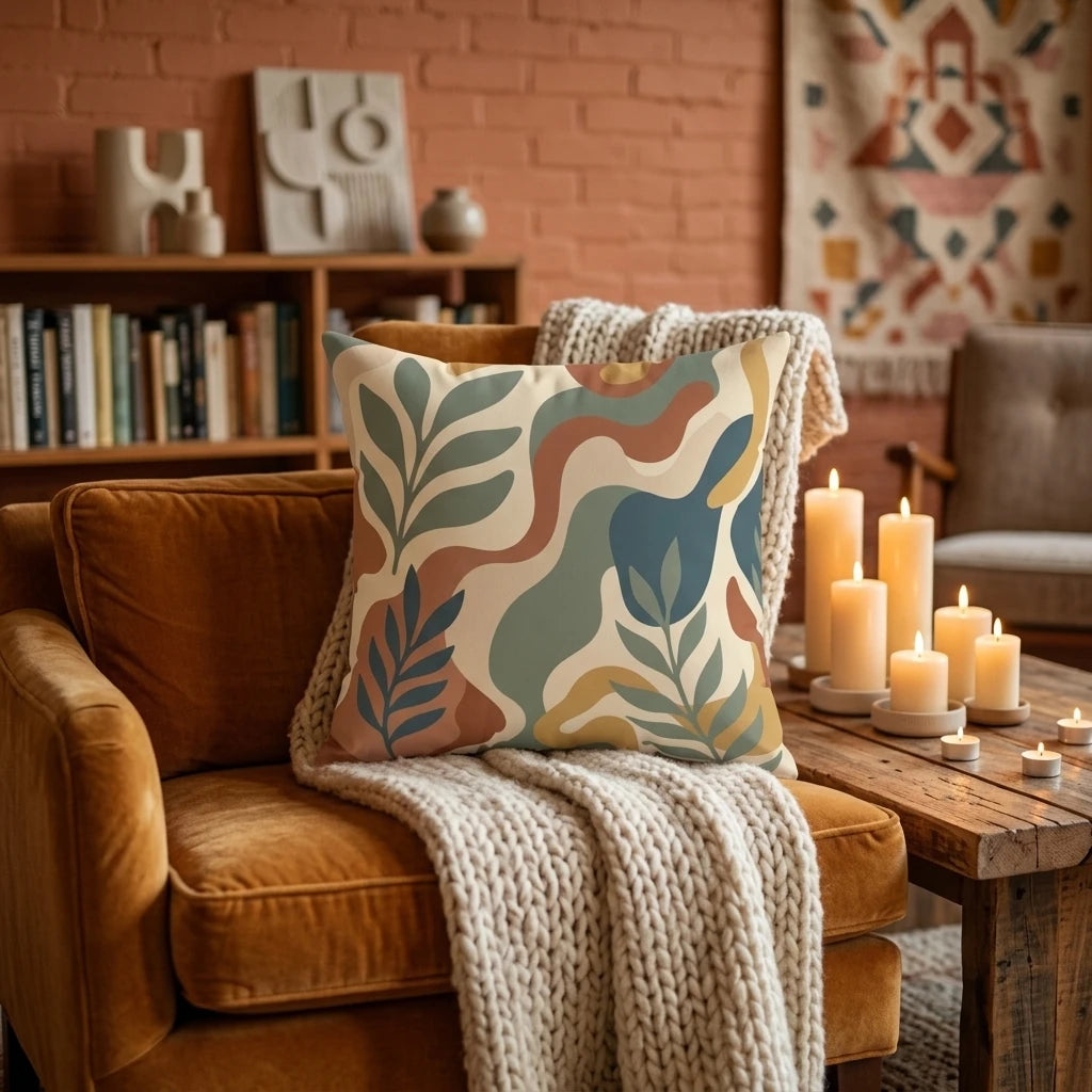 Abstract botanical throw pillow with sage and terracotta leaf patterns on a cozy velvet armchair with candles and a knit blanket.