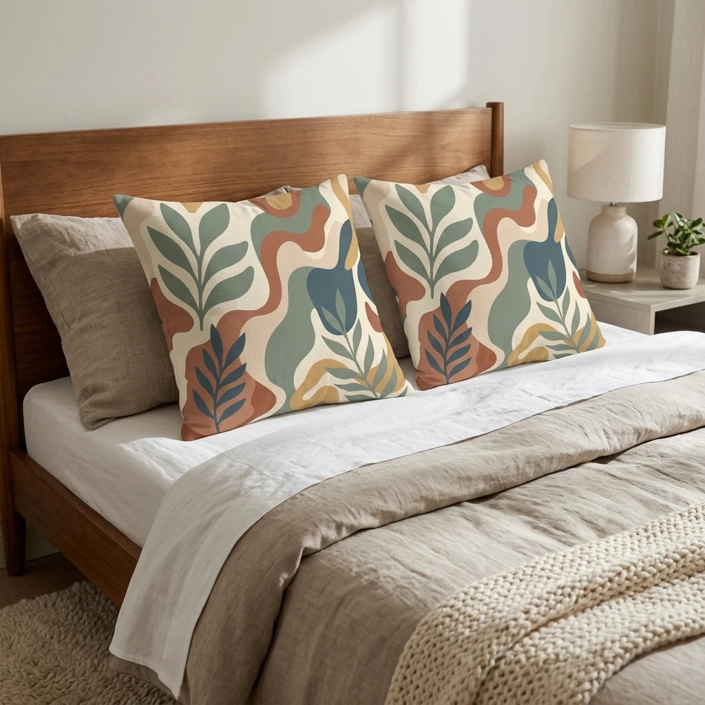 Pair of throw pillows with earth-tone abstract floral designs on a wooden bed with beige linen bedding in a bright, modern bedroom.