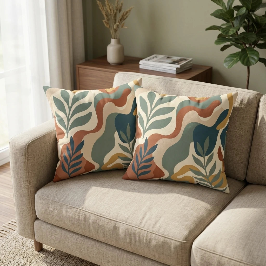 Two throw pillows with an abstract leaf pattern in terracotta, teal, and sage, resting on a beige sofa in a modern living room interior.