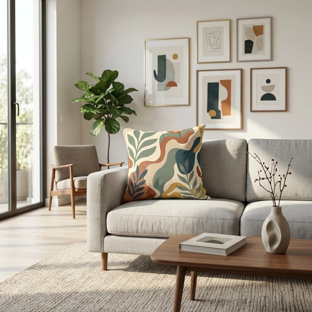 Modern throw pillow with abstract botanical patterns in sage, terracotta, and mustard on a gray sofa in a bright, minimalist living room.