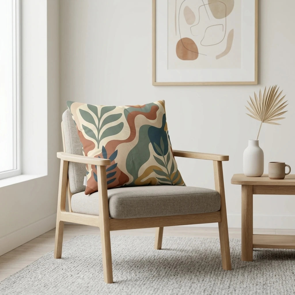 Abstract botanical cushion in earthy terracotta and green tones on a light wood armchair in a bright minimalist living room interior.