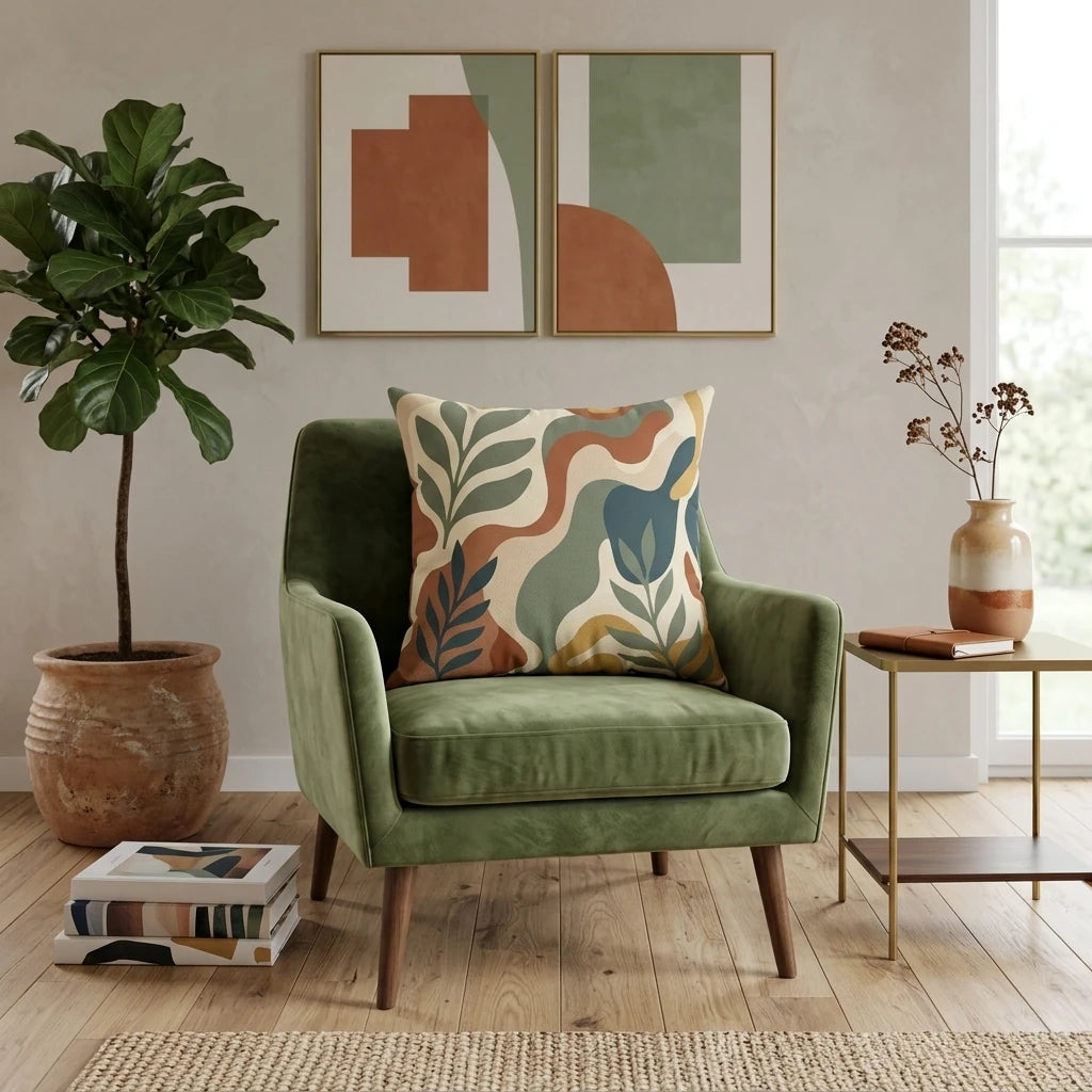 Abstract botanical throw pillow with green, terracotta, and blue wavy leaf patterns on a green velvet armchair in a modern living room setting.