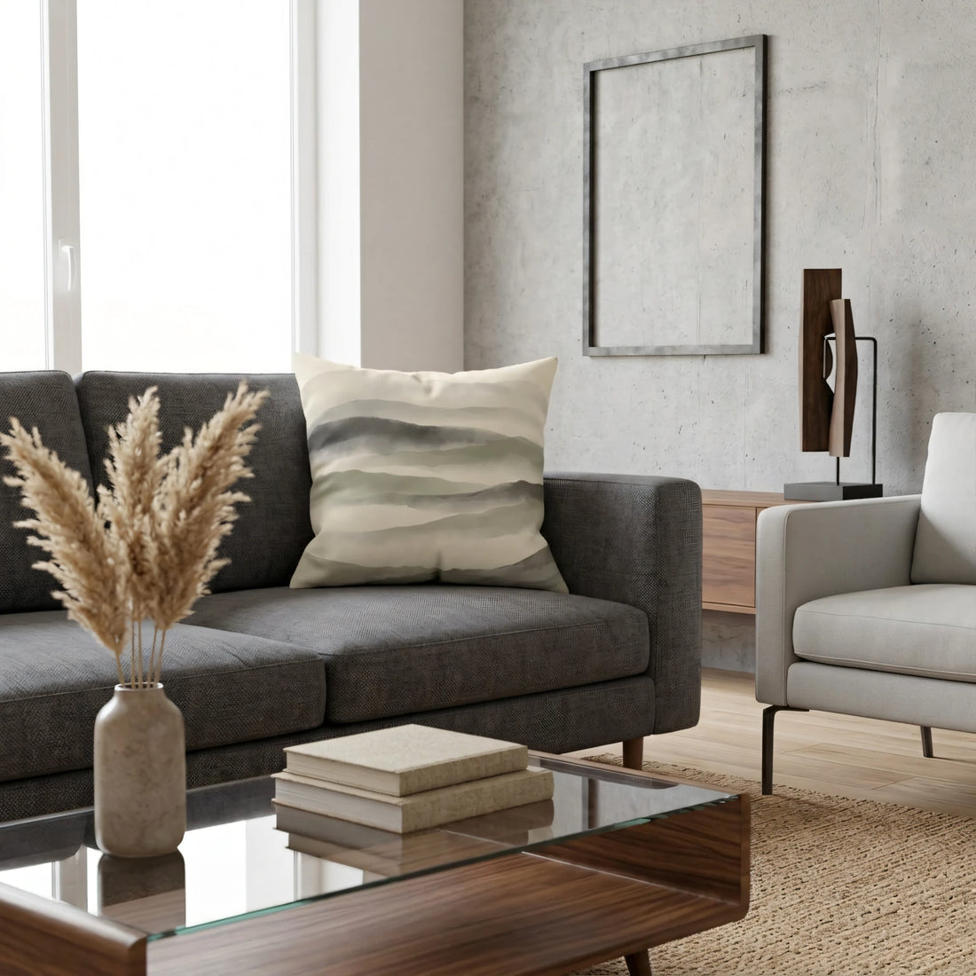 Front view of Atmospheric Hazy Ridge Throw Pillow Cover in Sage and on a white background.
