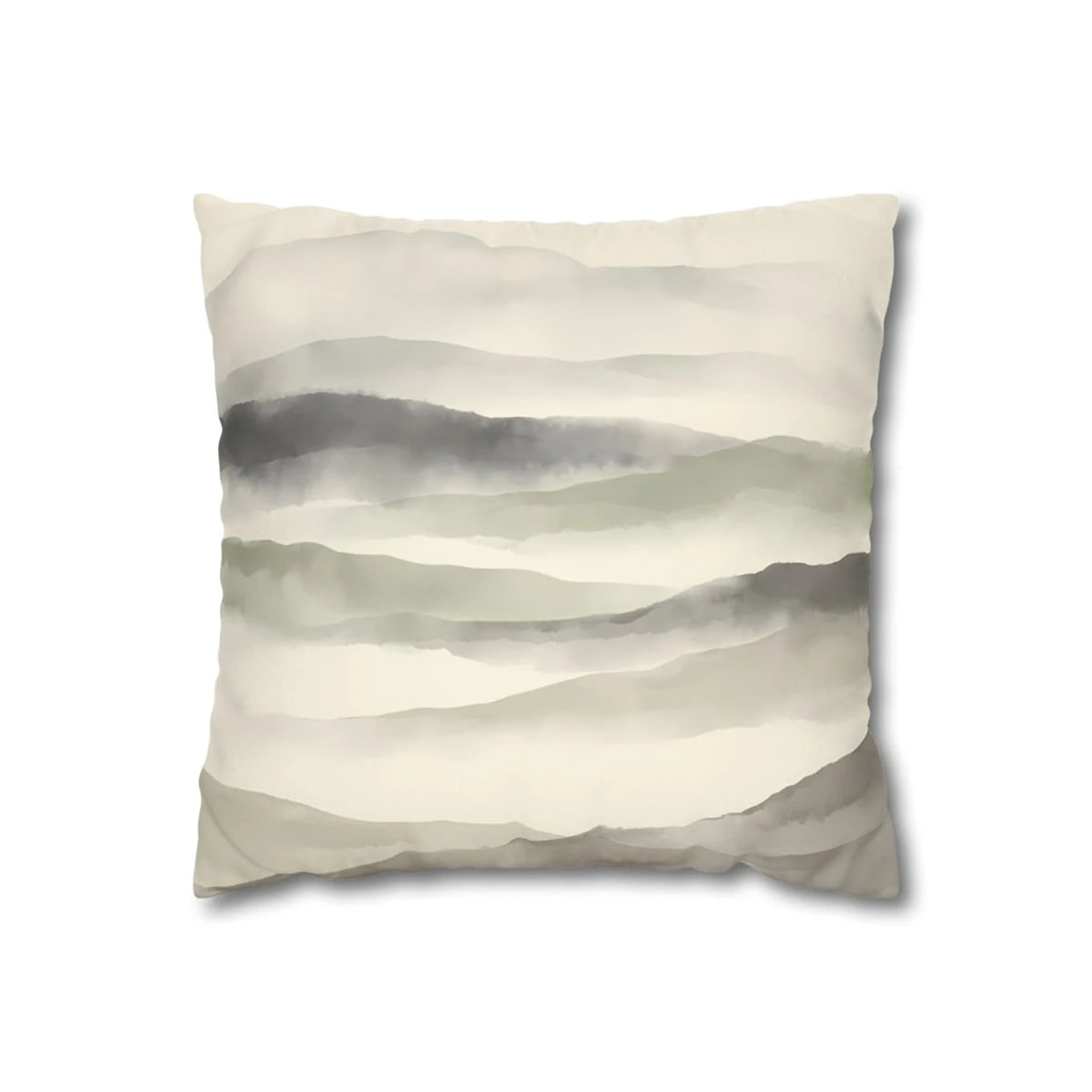 Front view of Atmospheric Hazy Ridge Throw Pillow Cover in Sage and on a white background.