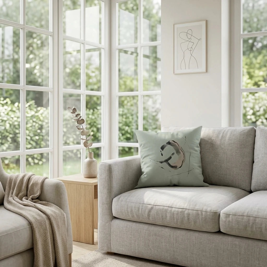 Sage green cushion with an abstract circular brushstroke design on a grey sofa in a bright, minimalist living room with large windows.