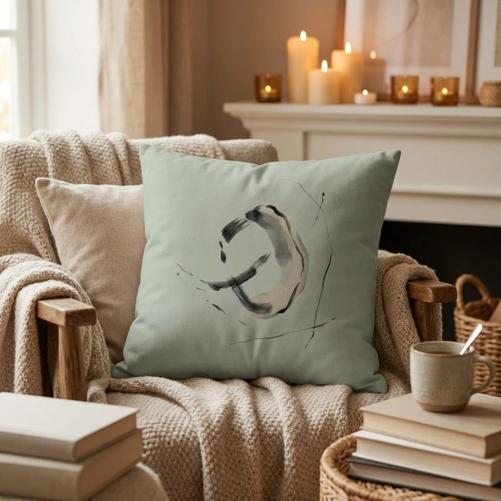 Sage green pillow featuring an abstract brushstroke design on a cozy armchair with a beige throw blanket and warm candlelight ambiance.