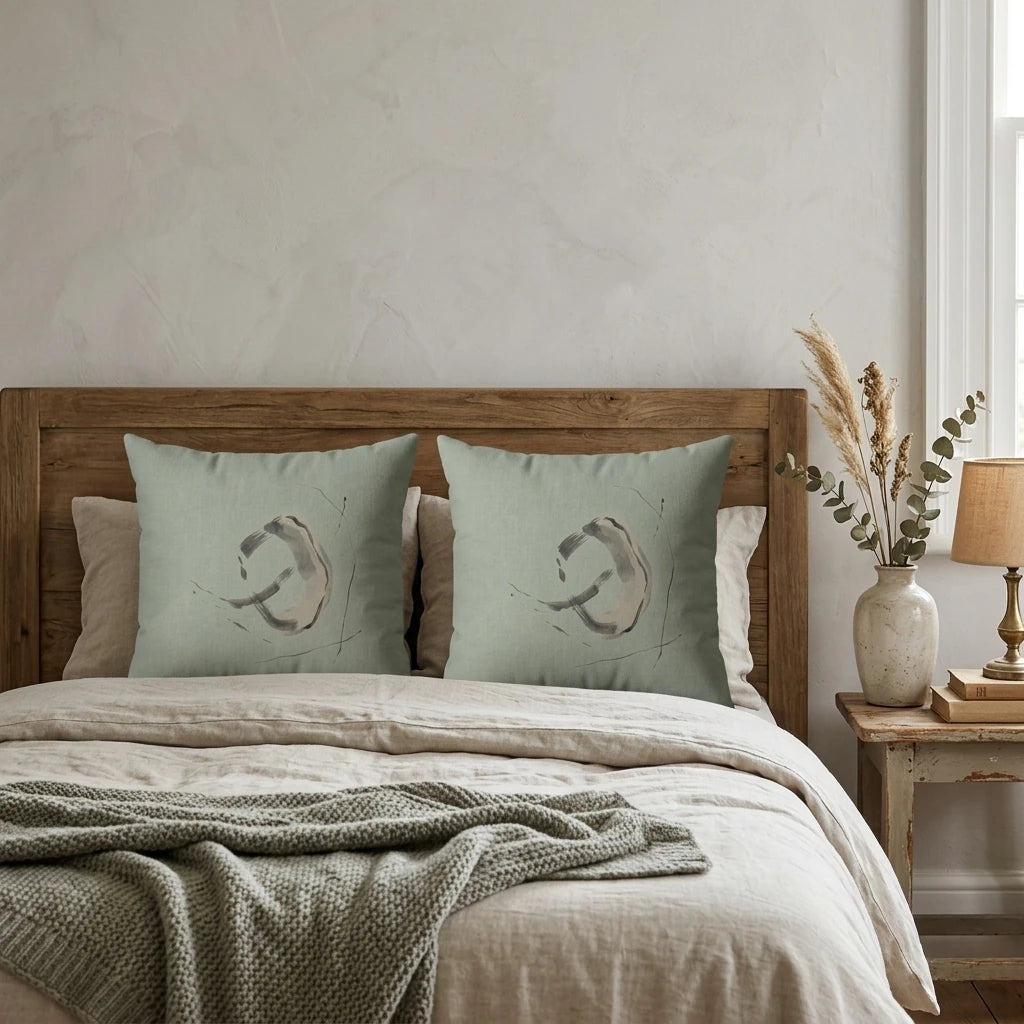 Pair of sage green cushions featuring abstract brushstroke art on a wooden bed with beige linen bedding in a minimalist bedroom.