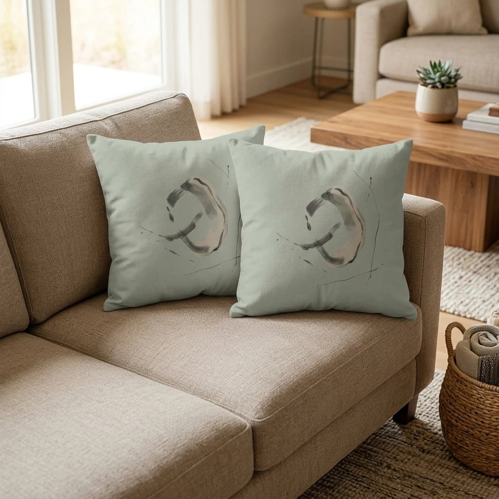 Pair of sage green throw pillows with minimalist abstract art on a beige sofa in a cozy living room, lifestyle interior shot.