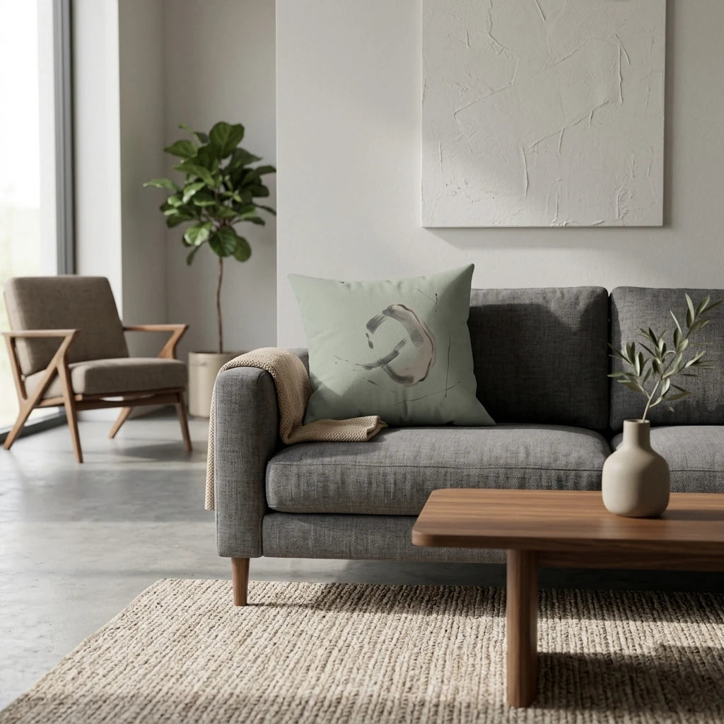Sage green throw pillow with an abstract brushstroke design on a grey sofa in a minimalist modern living room with wooden accents and a rug.