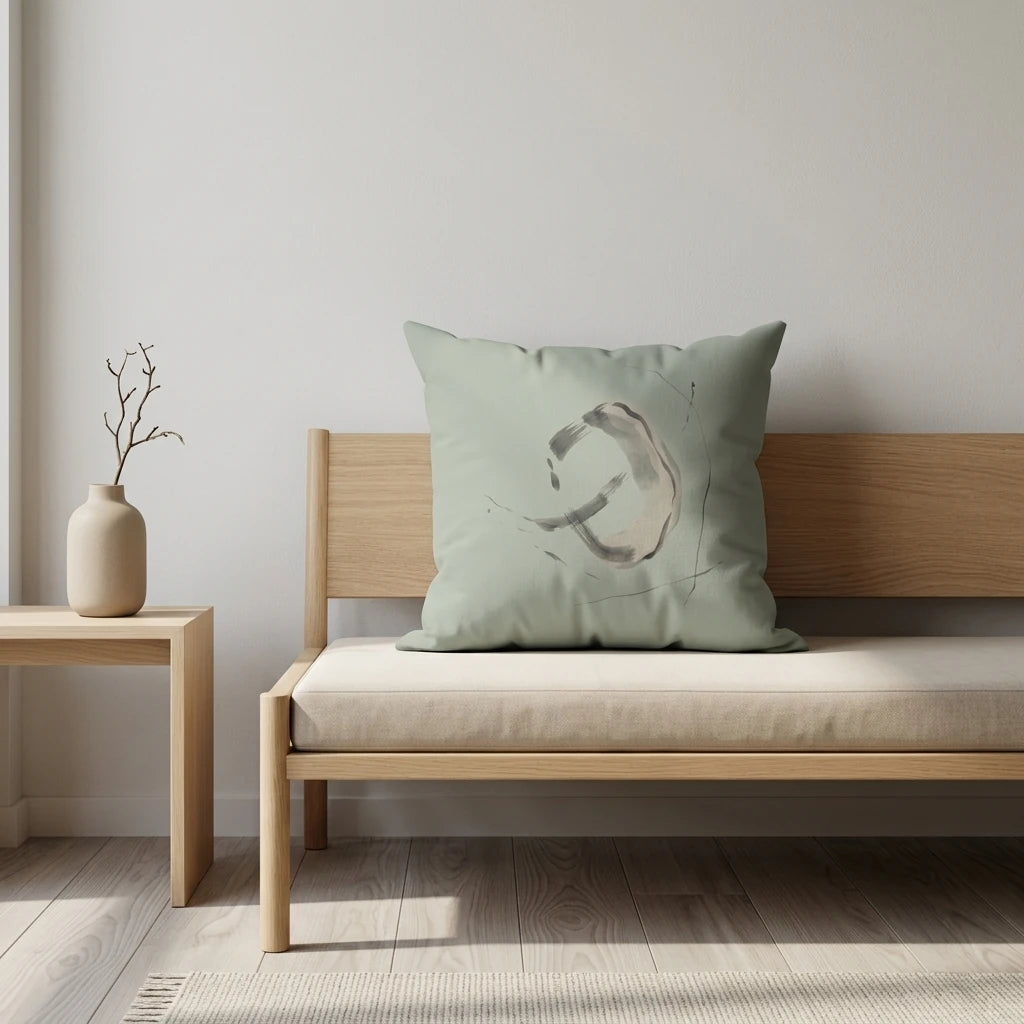 Sage green minimalist pillow featuring an abstract gray swirl design on a light wood bench in a bright, modern interior setting.