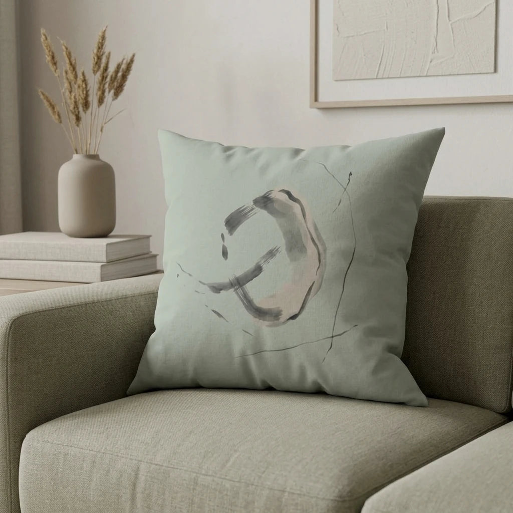 Sage green decorative cushion with an abstract brushstroke pattern on an olive sofa in a minimalist living room lifestyle scene.