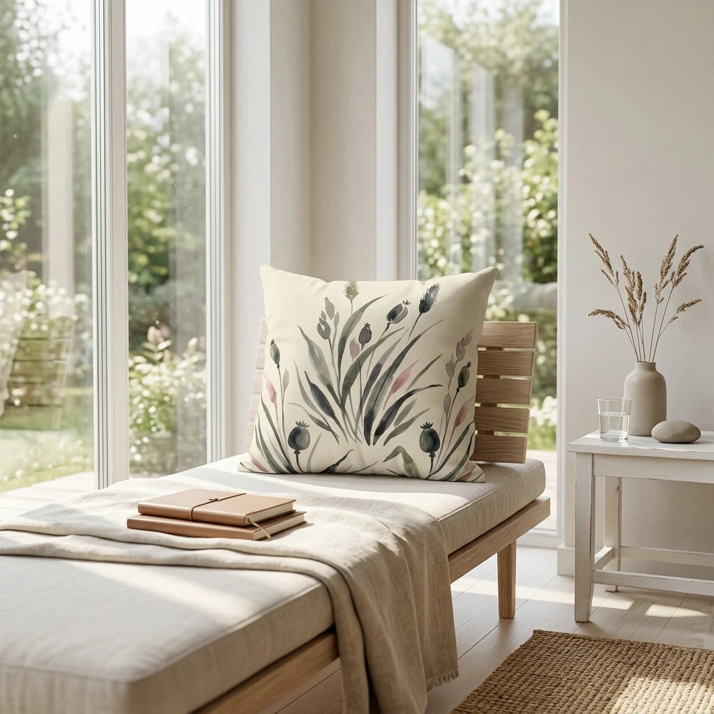 Soft botanical throw pillow with green and pink plant design on a wooden daybed in a bright, sunlit room with large windows.