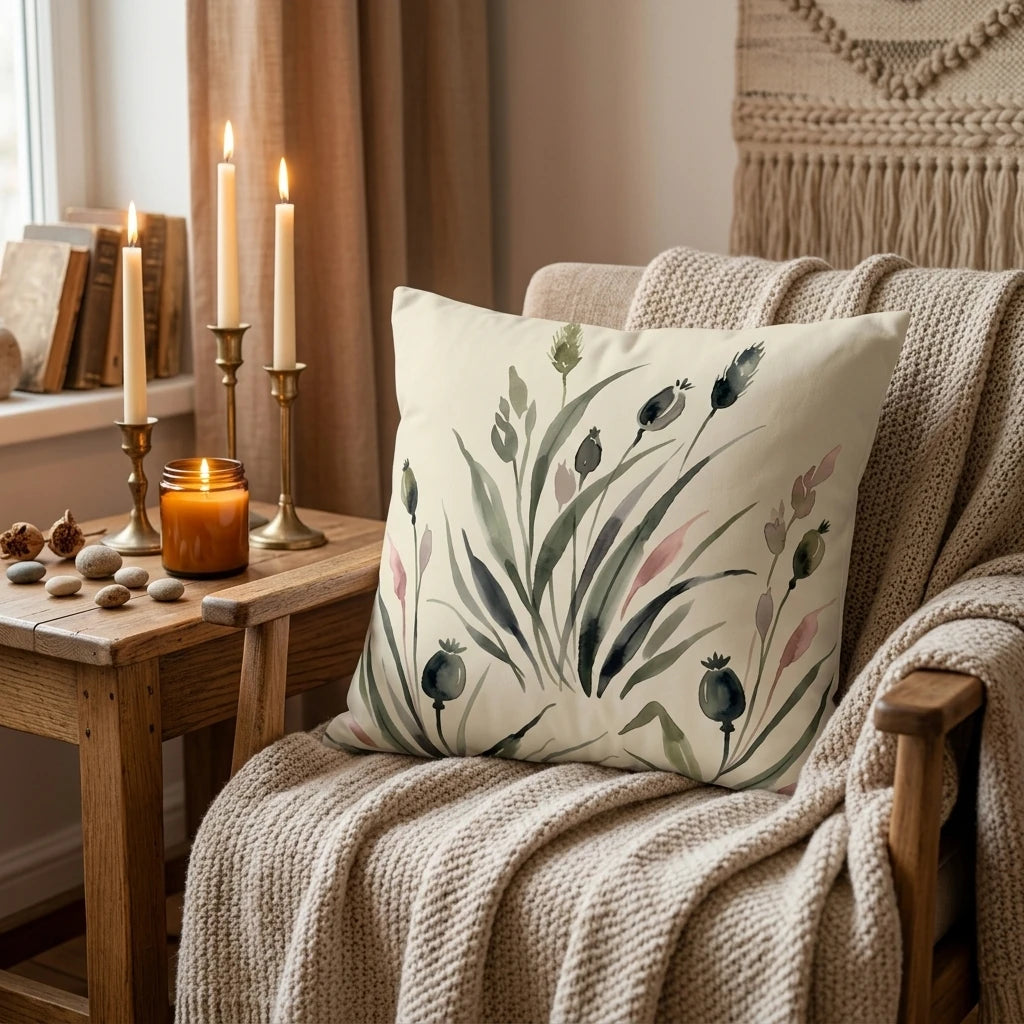 Botanical watercolor cushion with tall grass on a cozy armchair with a chunky knit blanket and warm lit candles on a rustic wooden table.