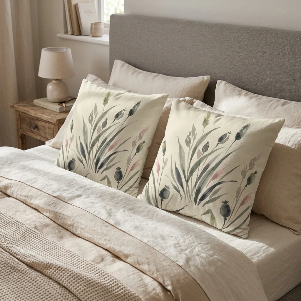 Two botanical cushions featuring green and pink watercolor grass prints on a neutral linen bed in a cozy, modern bedroom lifestyle setting.