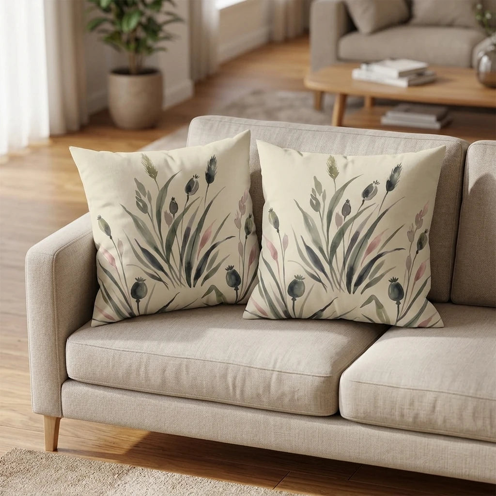 Two cream cushions with sage green and pink botanical watercolor patterns, styled on a neutral beige sofa in a bright, modern living room setting.