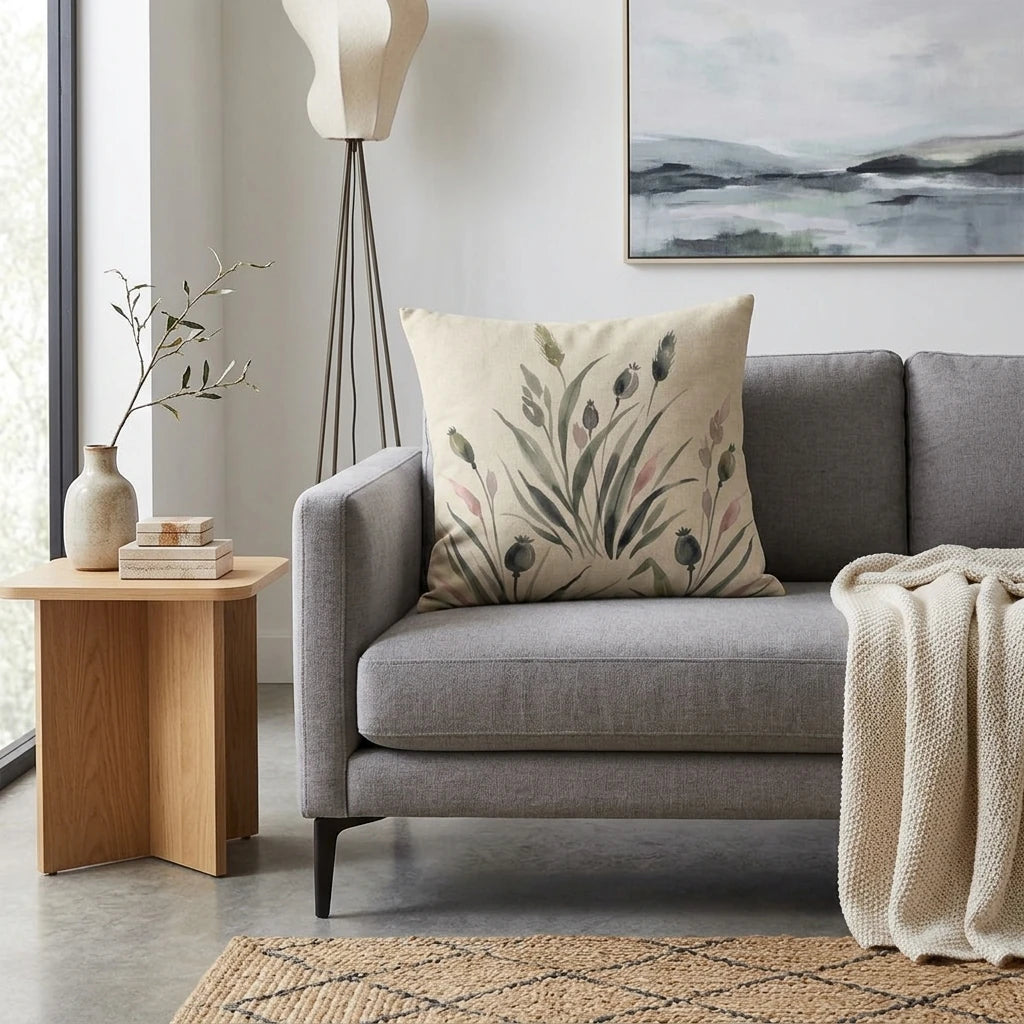 Botanical print cushion featuring watercolor wildflowers on a grey sofa in a modern living room with minimalist home decor.