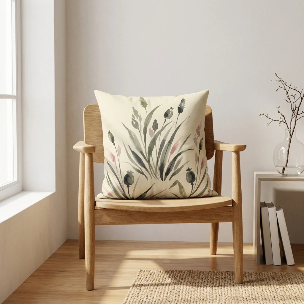Cream botanical decorative pillow with muted green floral patterns on a wooden chair in a minimalist living room setting with natural light.