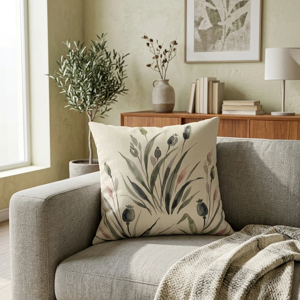 Botanical watercolor cushion with green leaf patterns on a beige background, styled on a grey sofa in a minimalist living room setting.