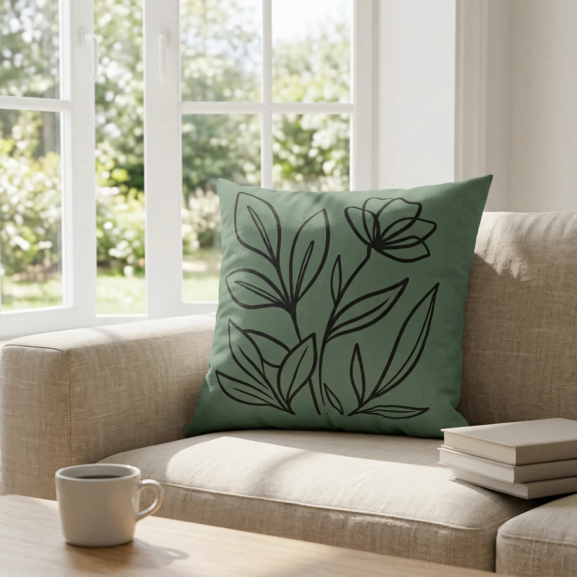 Sage green botanical cushion with black leaf line art on a beige sofa in a bright sunlit room near a window with books.
