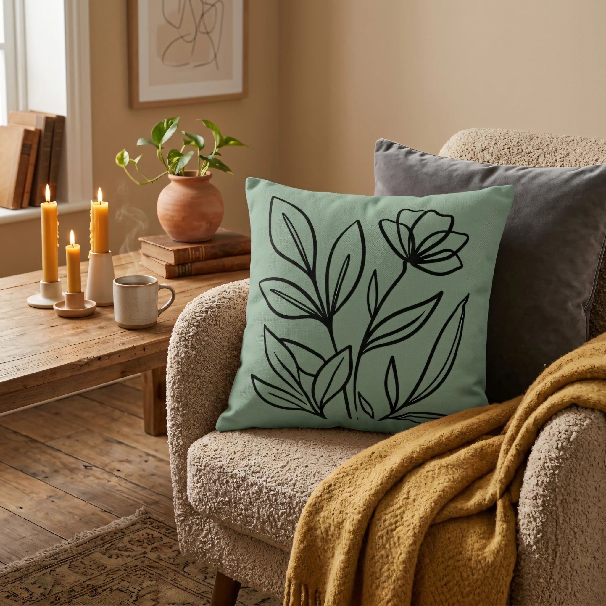 Sage green cushion with black floral line art on a textured armchair with a yellow throw, candles, and a mug in a cozy living room setting.