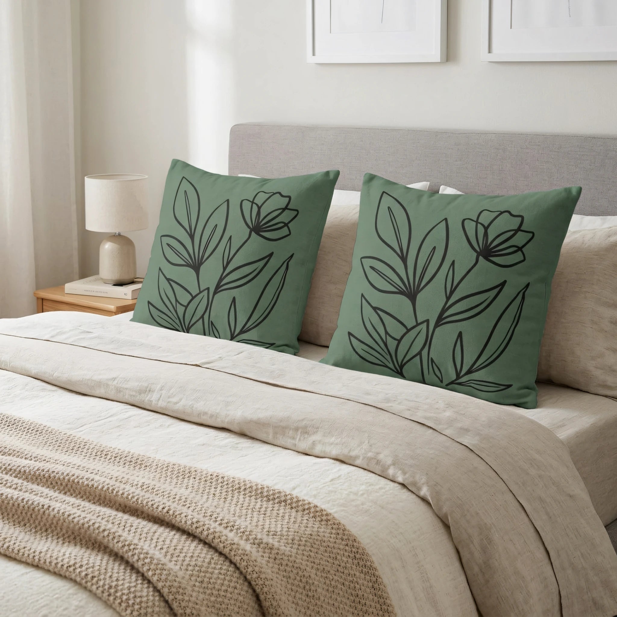 Pair of sage green cushions with black floral line art on a neutral bed with beige linens and a knit throw in a bright bedroom.
