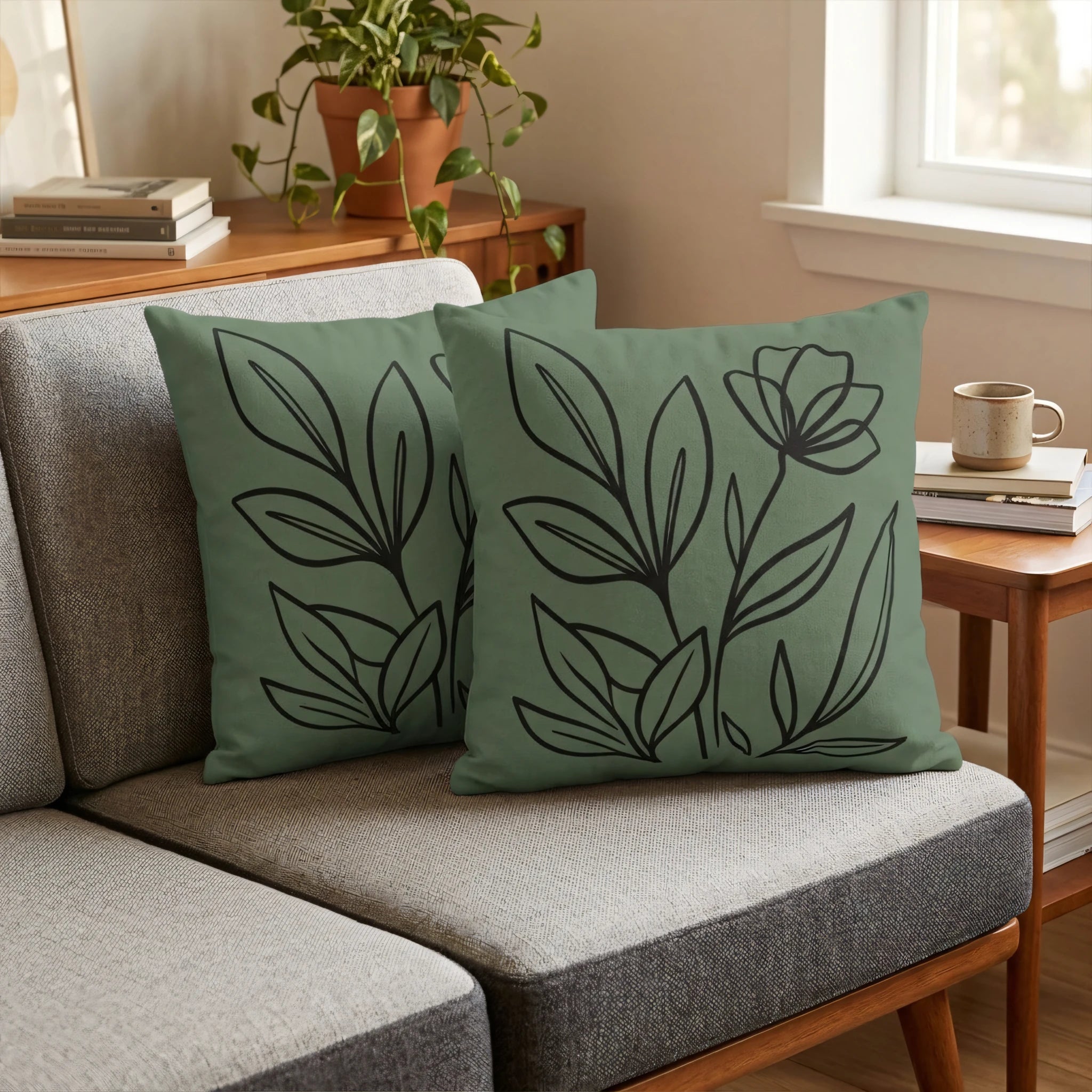 Two sage green pillows with minimalist black leaf designs on a gray couch in a sunlit living room with plants and books.
