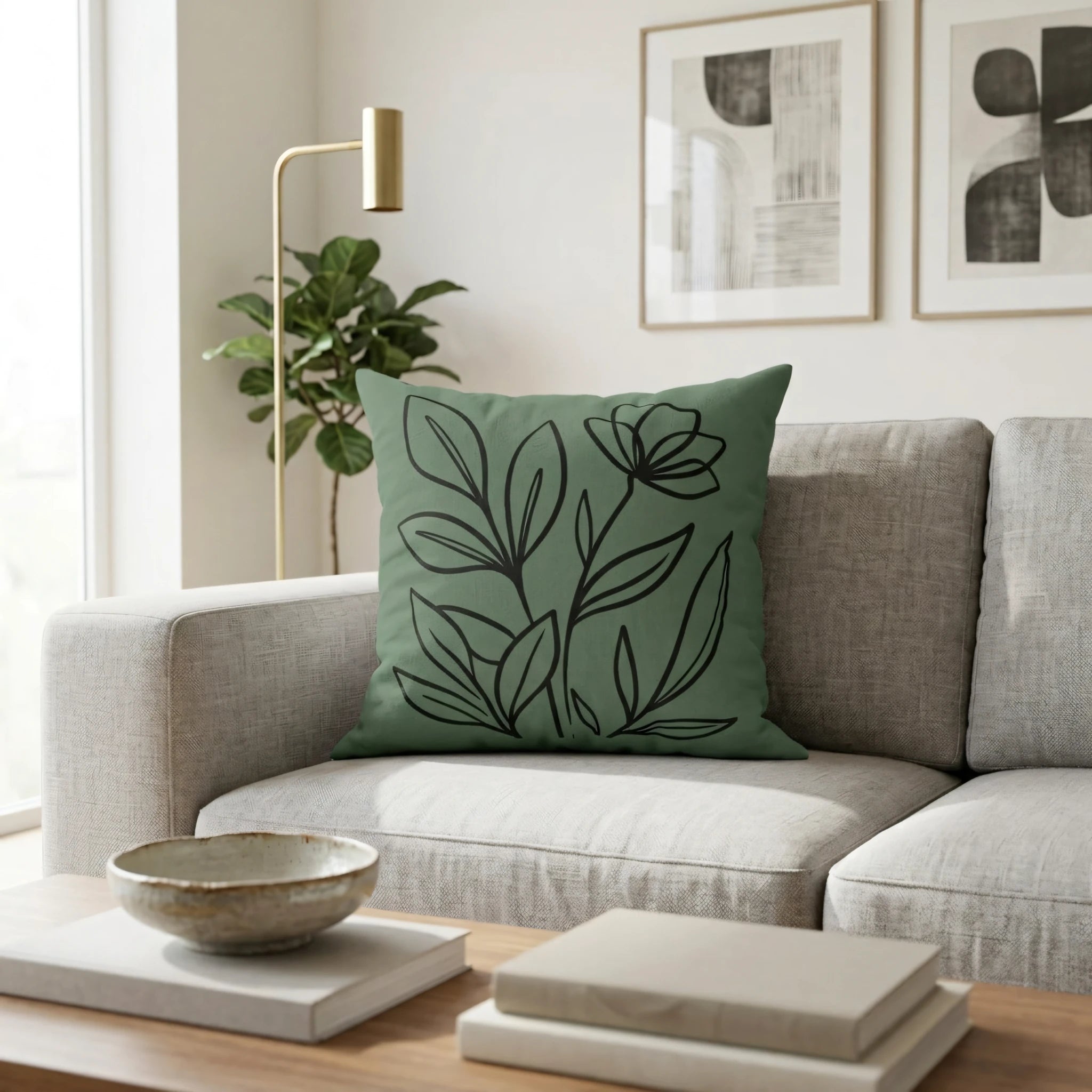 Green cushion with black floral line art on a gray sofa in a modern living room setting with a gold lamp and minimalist home decor.