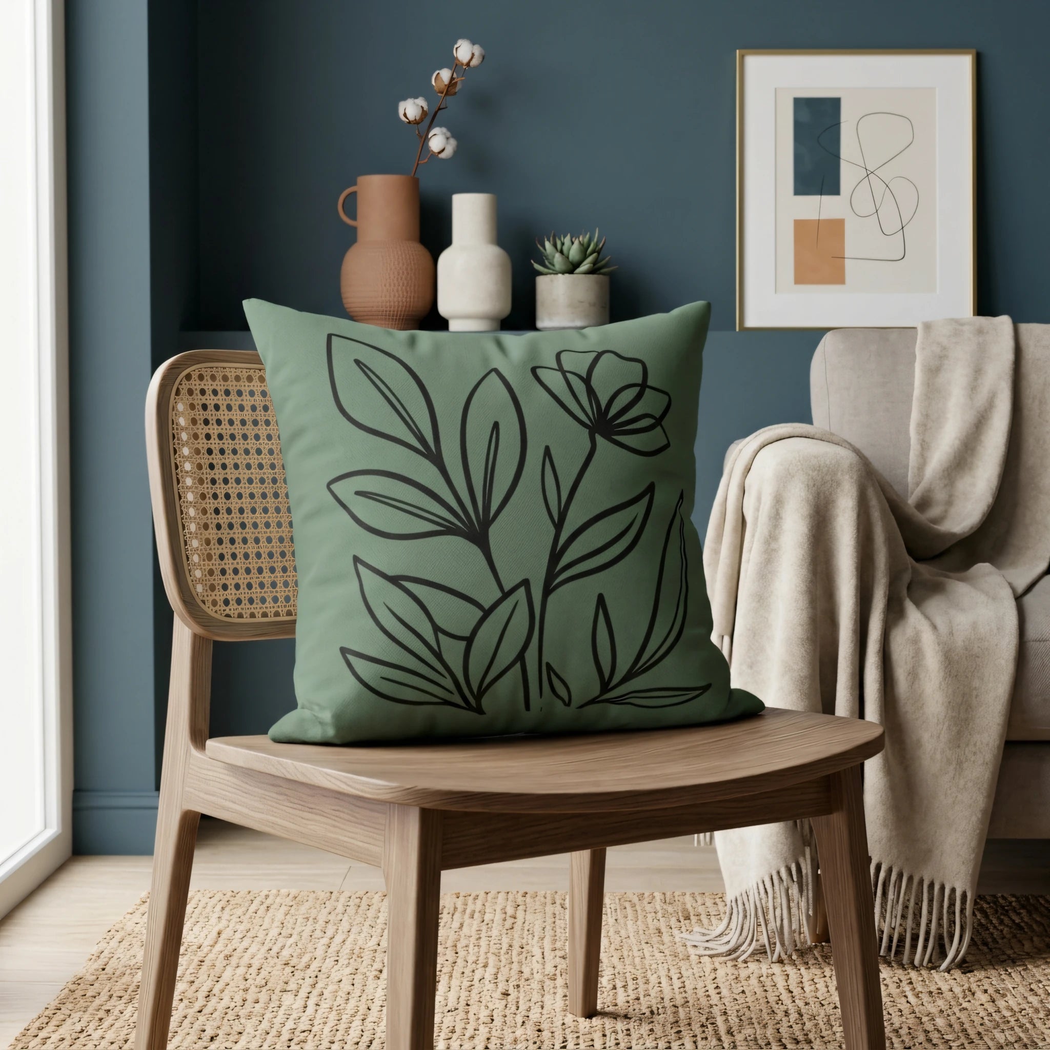 Sage green cushion with a black line-art floral design on a wooden chair in a modern living room with a dark teal wall and neutral home decor.