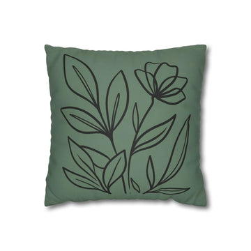 Dark Green Line Art Flower Throw Pillow