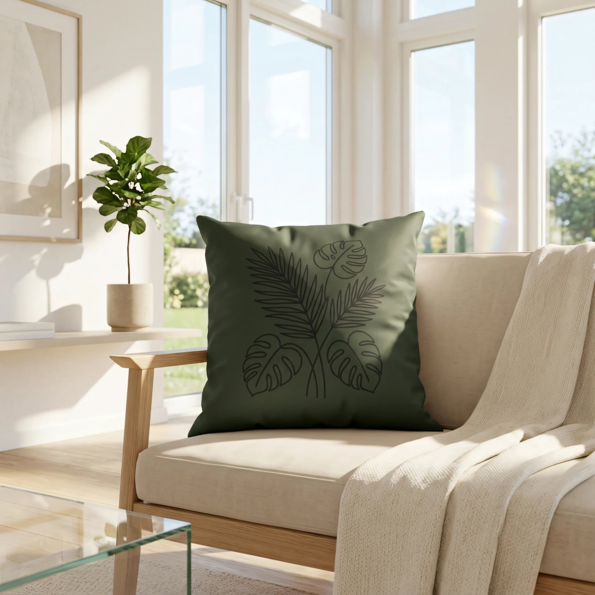 Dark green throw pillow with black monstera leaf art on a beige sofa in a bright, sunlit modern living room with large windows.