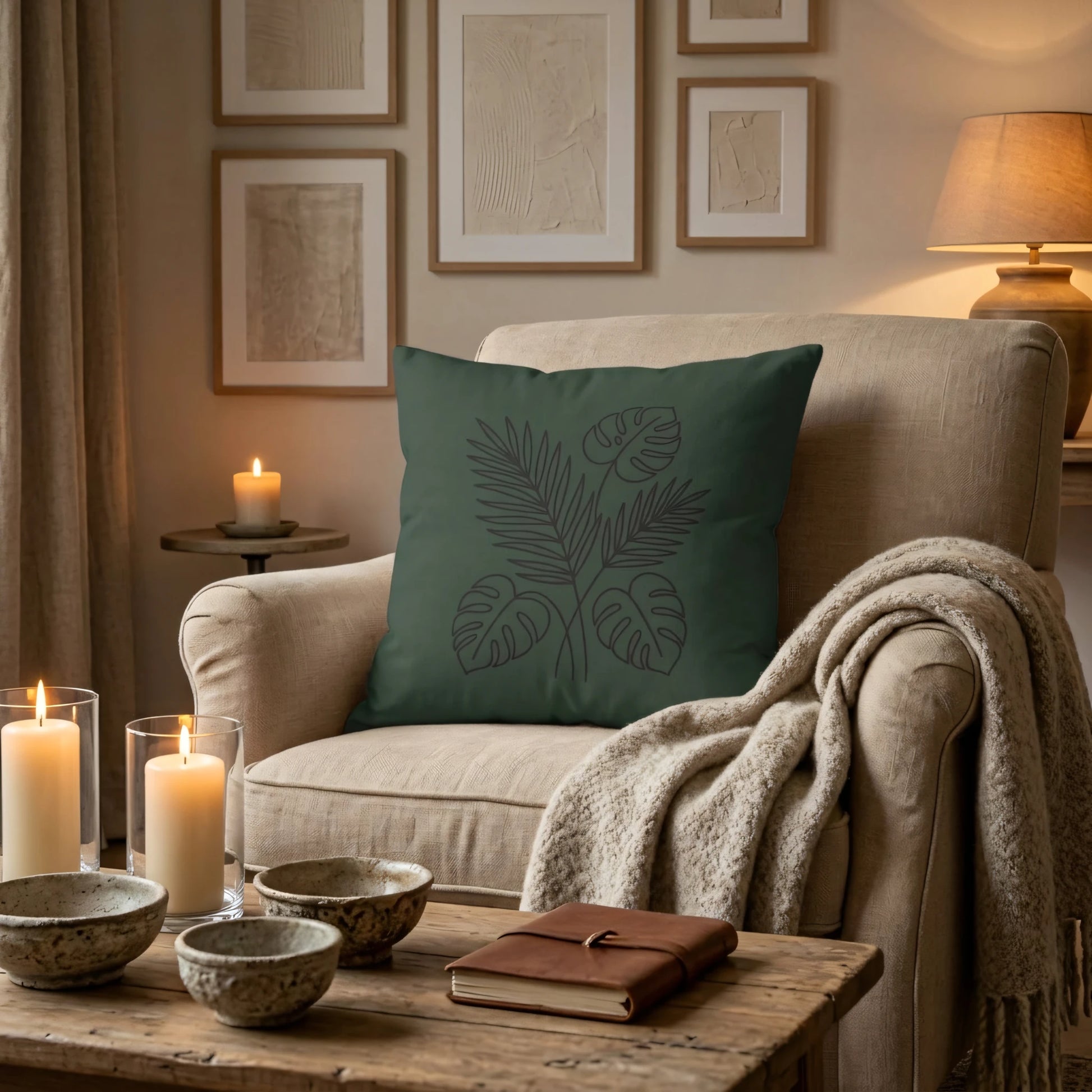 Forest green throw pillow featuring a tropical leaf design on a beige armchair in a cozy living room with warm candlelight and decor.