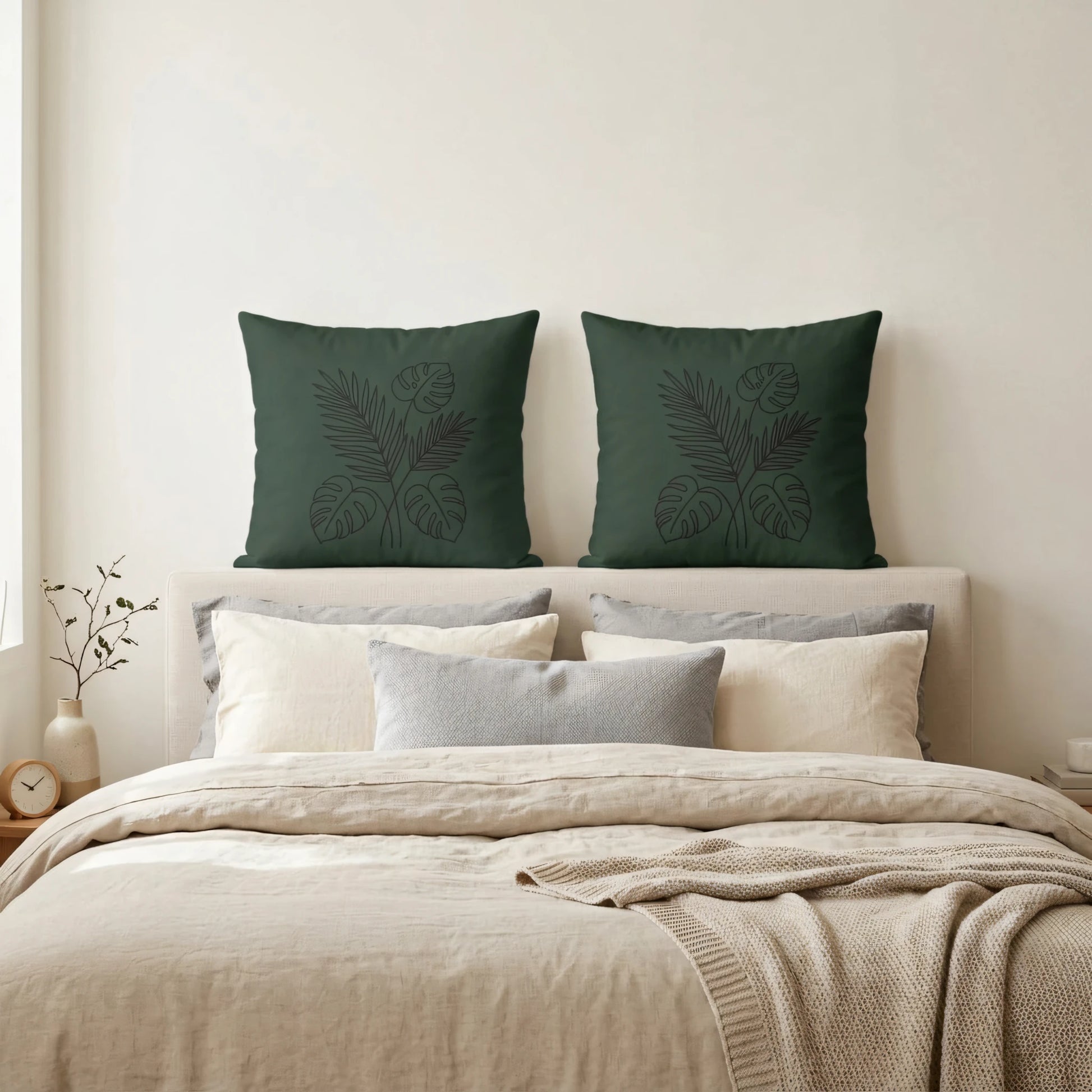 Pair of dark green botanical cushions with black leaf patterns on a beige bed with grey accent pillows in a bright, modern bedroom.