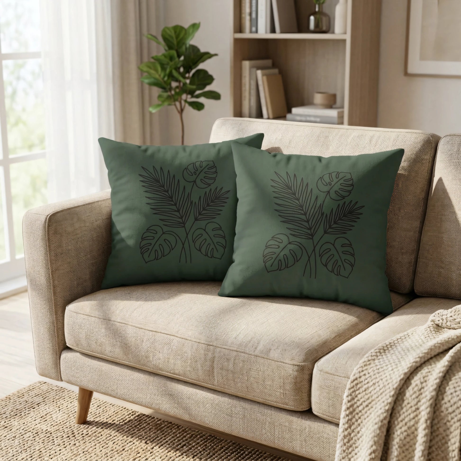 Two forest green cushions with black tropical leaf line art on a beige sofa in a modern, sunlit living room setting.